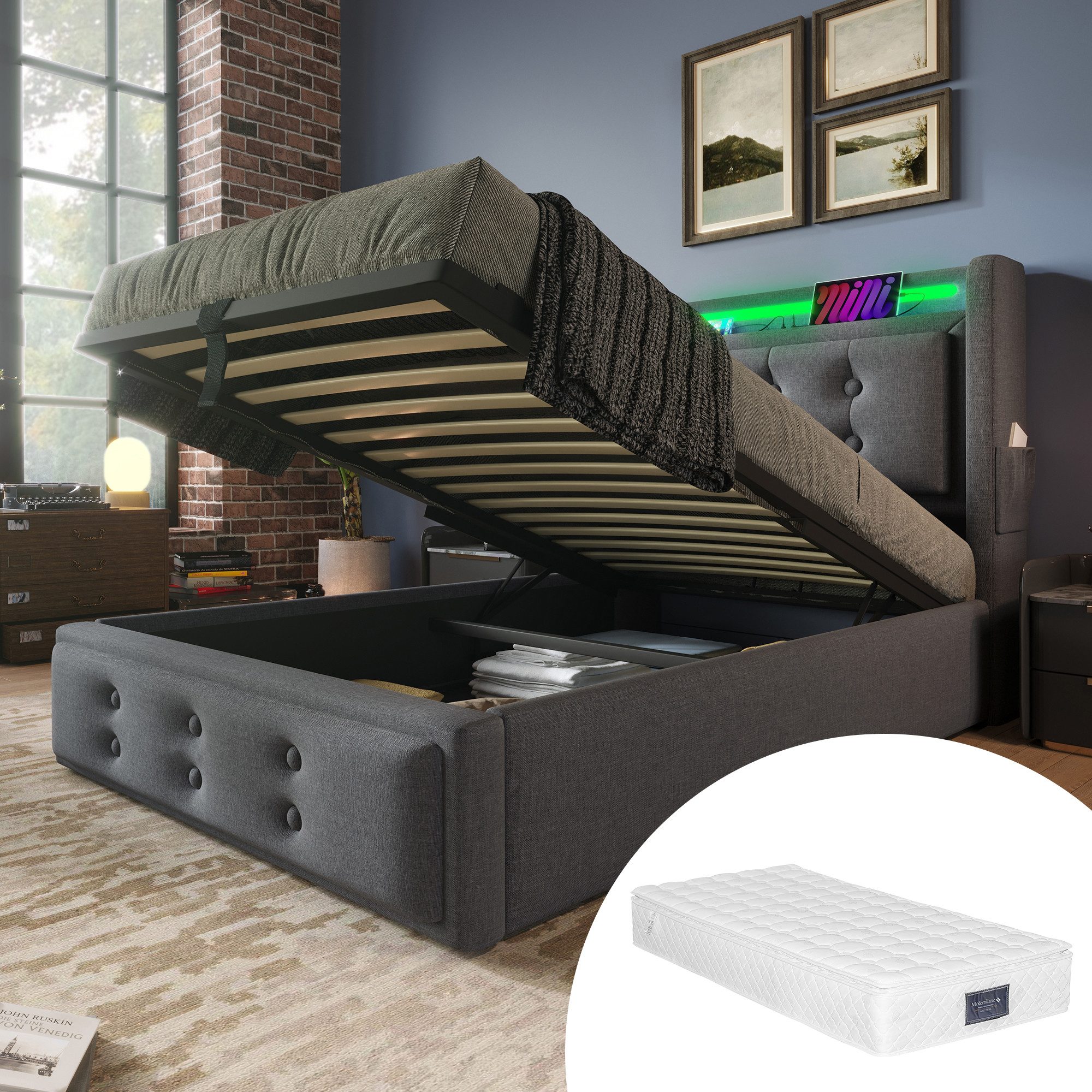 HAUSS SPOLE Polsterbett 90x200 mit Led-Kopfteil, Ladefunktion, mit Matratze günstig online kaufen