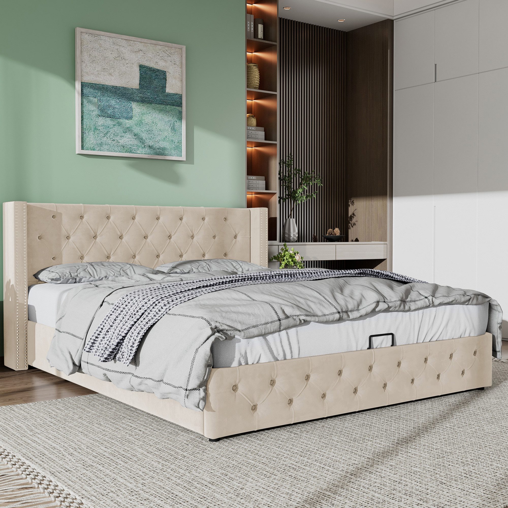 MODFU Polsterbett Doppelbett mit Bettkasten gepolstertem Kopfteil (Massivholz Untergestell mit Hydraulisch anhebbarer Bettstauraum, Samt Bezug Funktionsbett, 140x200 cm Ohne Matratze), mit weichem Kopfteil Schaum-Polsterung Ohrenform Große Knopfnähte