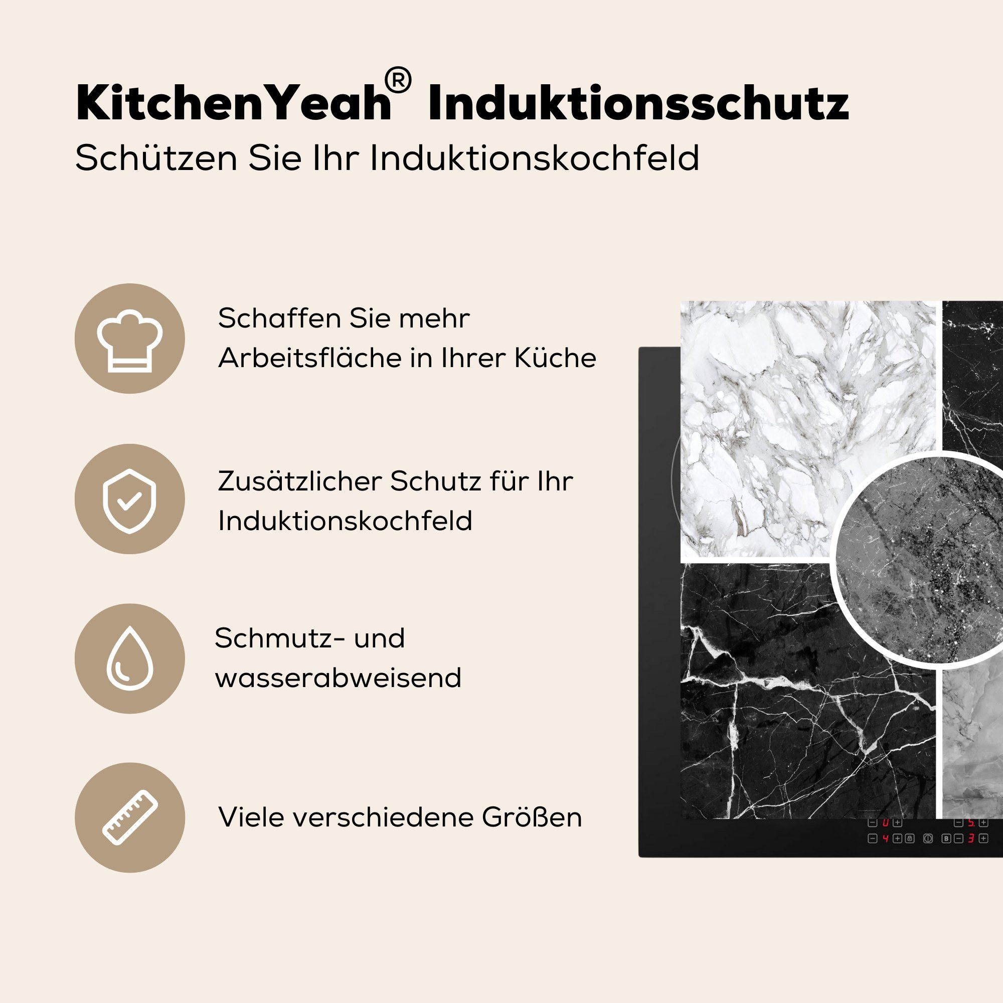 Schwarz küche Herdblende-/Abdeckplatte - - Marmor Arbeitsplatte für Weiß tlg), cm, Luxus, 78x78 MuchoWow (1 - Ceranfeldabdeckung, Vinyl,