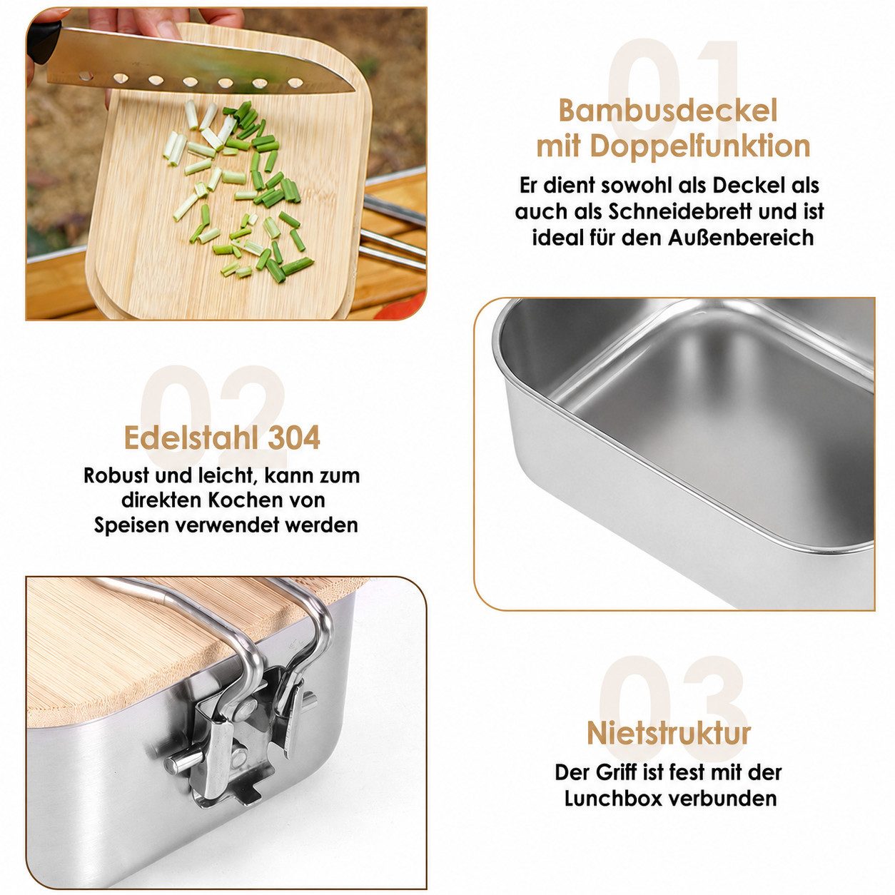 BlingBin Lunchbox 900/1400 ml Edelstahl-Lunchbox,Auslaufsichere Bento-Box mit Abtrennung, Edelstahl, (1er Set, 1-tlg., mit Bambusdeckel und einklappbarem Bügelg – Bild 3 von 5