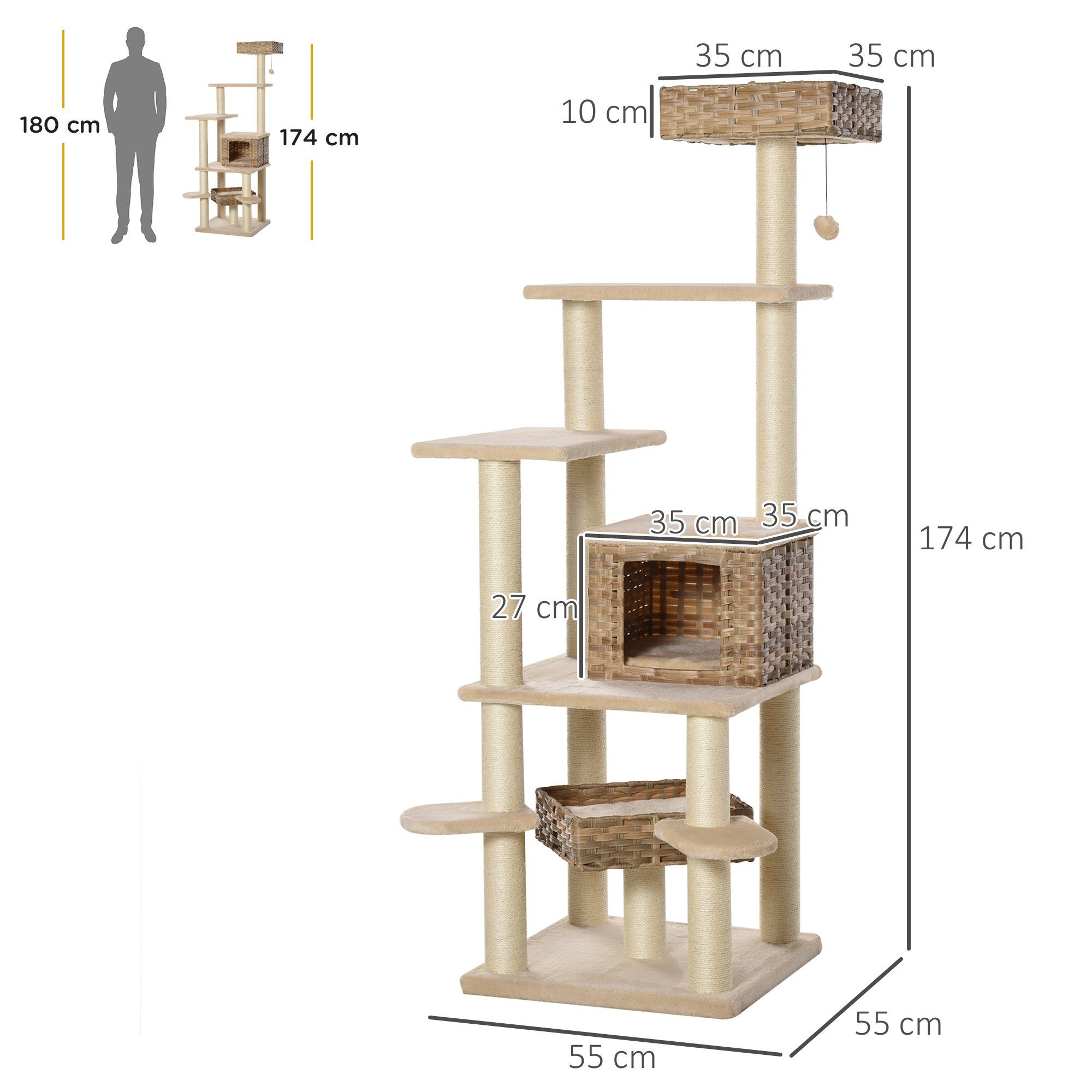 PawHut Kratzbaum mit Katzenhöhle, Mehrstufiger, Beige+Braun, 55L x 55B x 174H cm