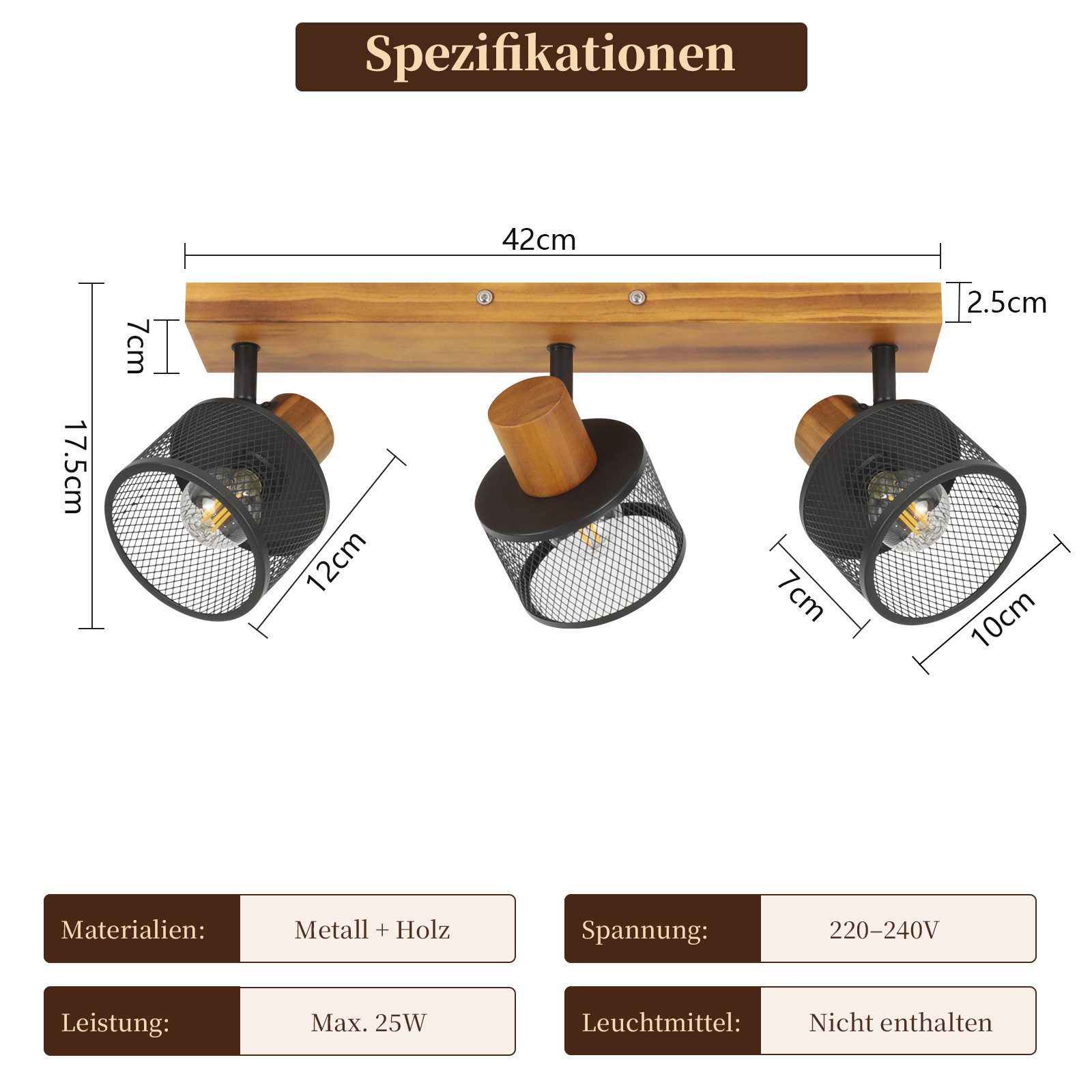 ZMH Deckenstrahler Vintage Schwarz Spots 1/2/3/4 Flammig Metall Deckenlampe, E14(ohne Leuchtmittel), ohne Leuchtmittel, 3 Flammig Deckenleuchte Flur aus Holz Strahler Wandstrahler Schwenkbar