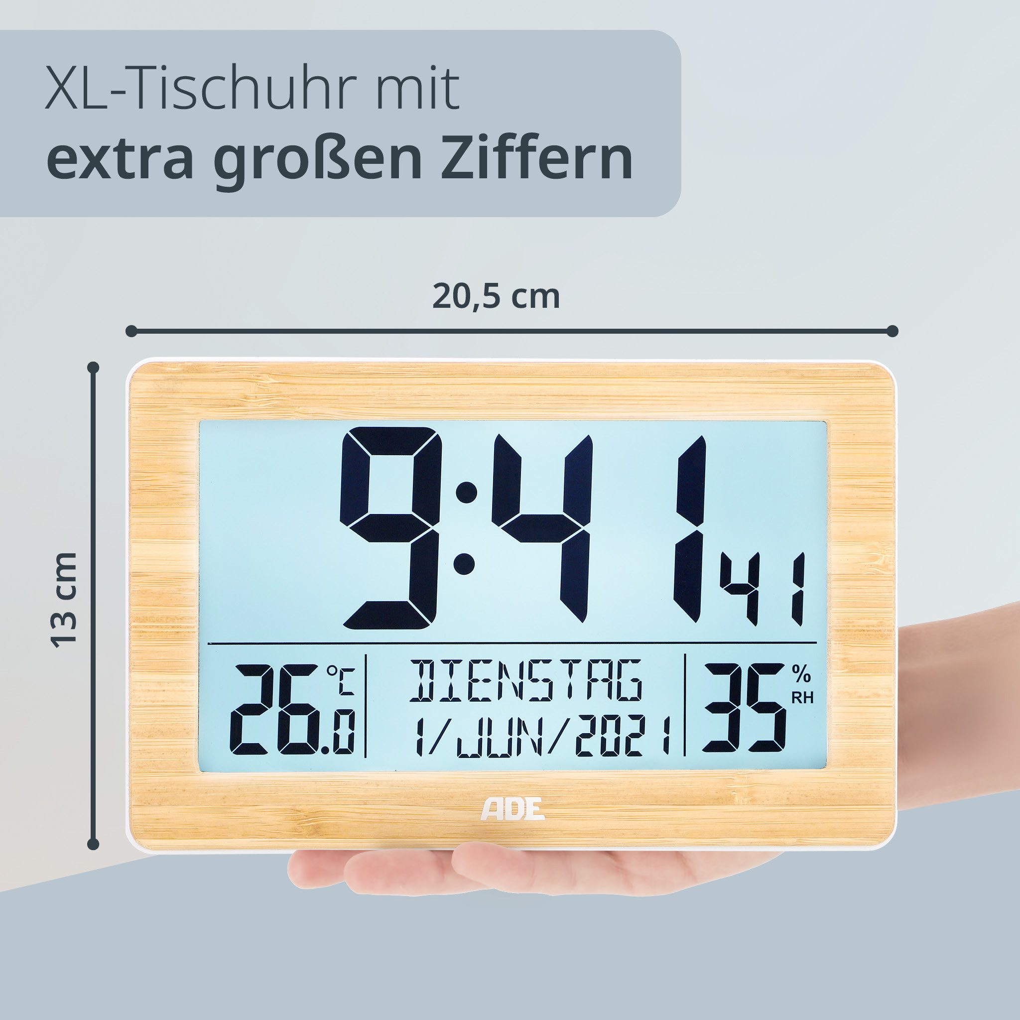 ADE Funktischuhr Digital, Tischuhr & Wanduhr mit XL-Display & großen Ziffern, Funk Funkuhr mit Hygrometer, Datum & Wochentag, inkl. 2 AA Batterien