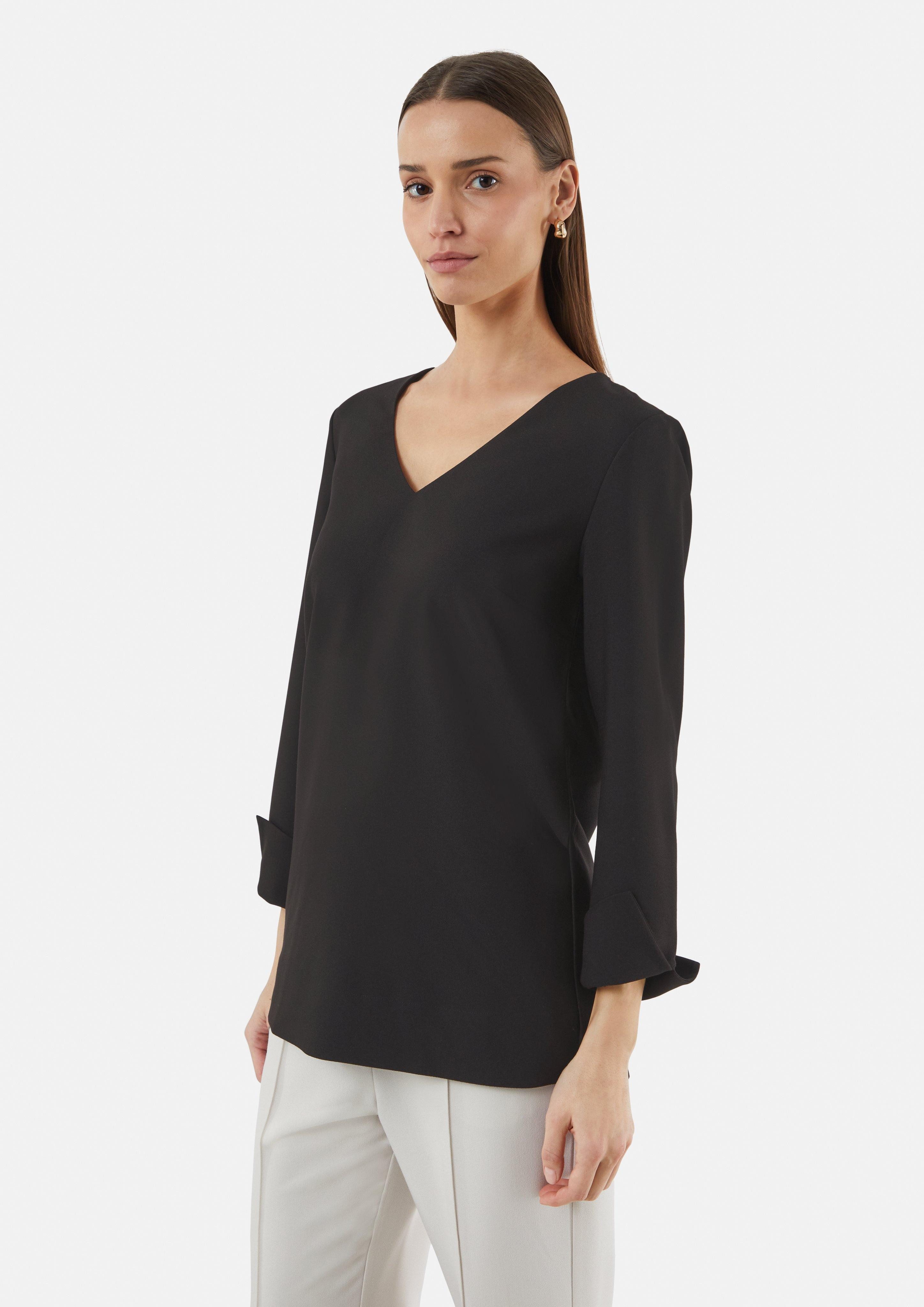 Langarmbluse Lange Crêpe-Bluse mit V-Ausschnitt und seitlichen Schlitzen