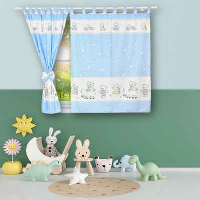 Vorhang Kinderzimmer VORHÄNGE mit Schlaufen Kinder Baby Gardinen 2 x 160x120cm, BabyLux, 70. Bär Cookie Blau