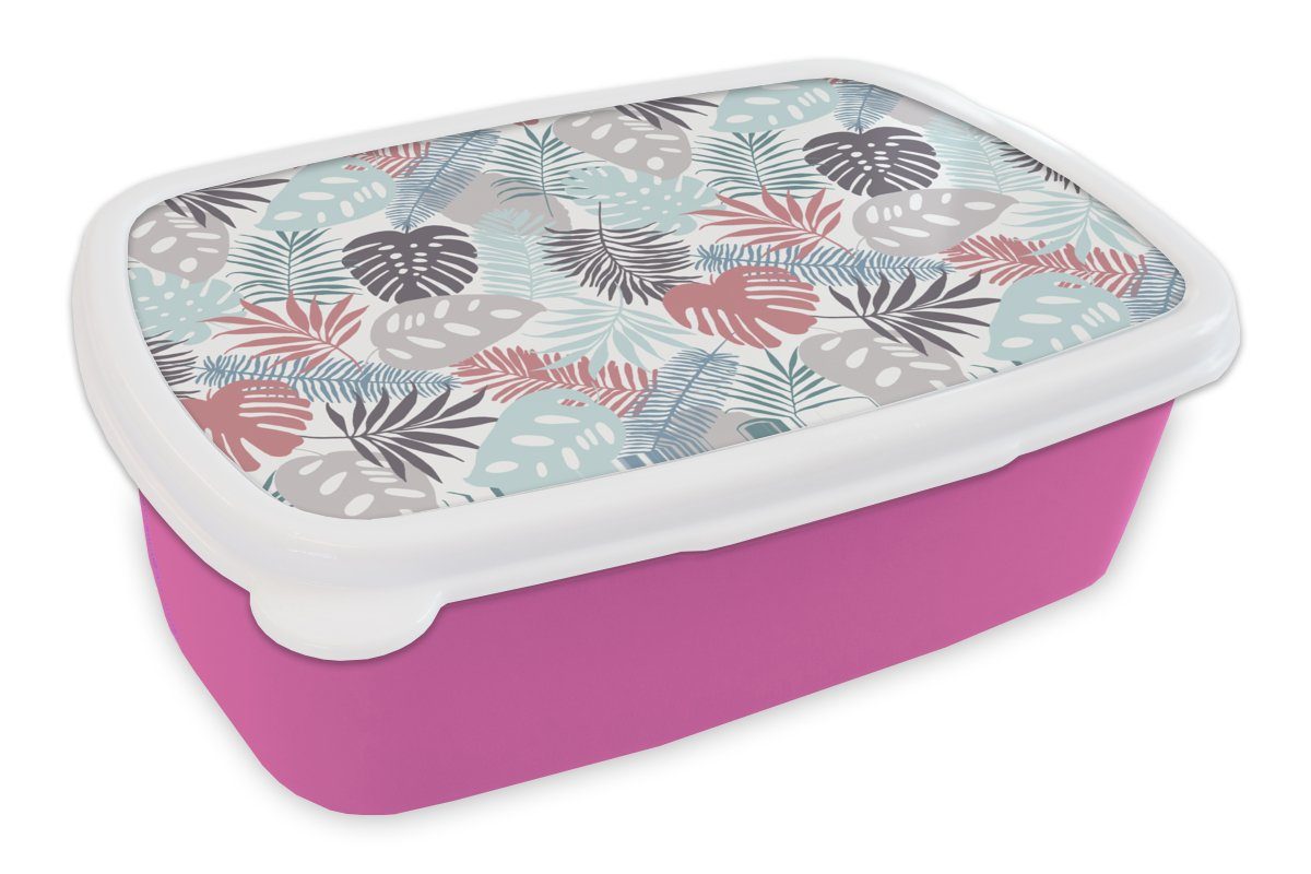 MuchoWow Lunchbox Blätter - Dschungel - Pastell - Tropisch, Kunststoff, (2-tlg), Brotbox für Erwachsene, Brotdose Kinder, Snackbox, Mädchen, Kunststoff rosa