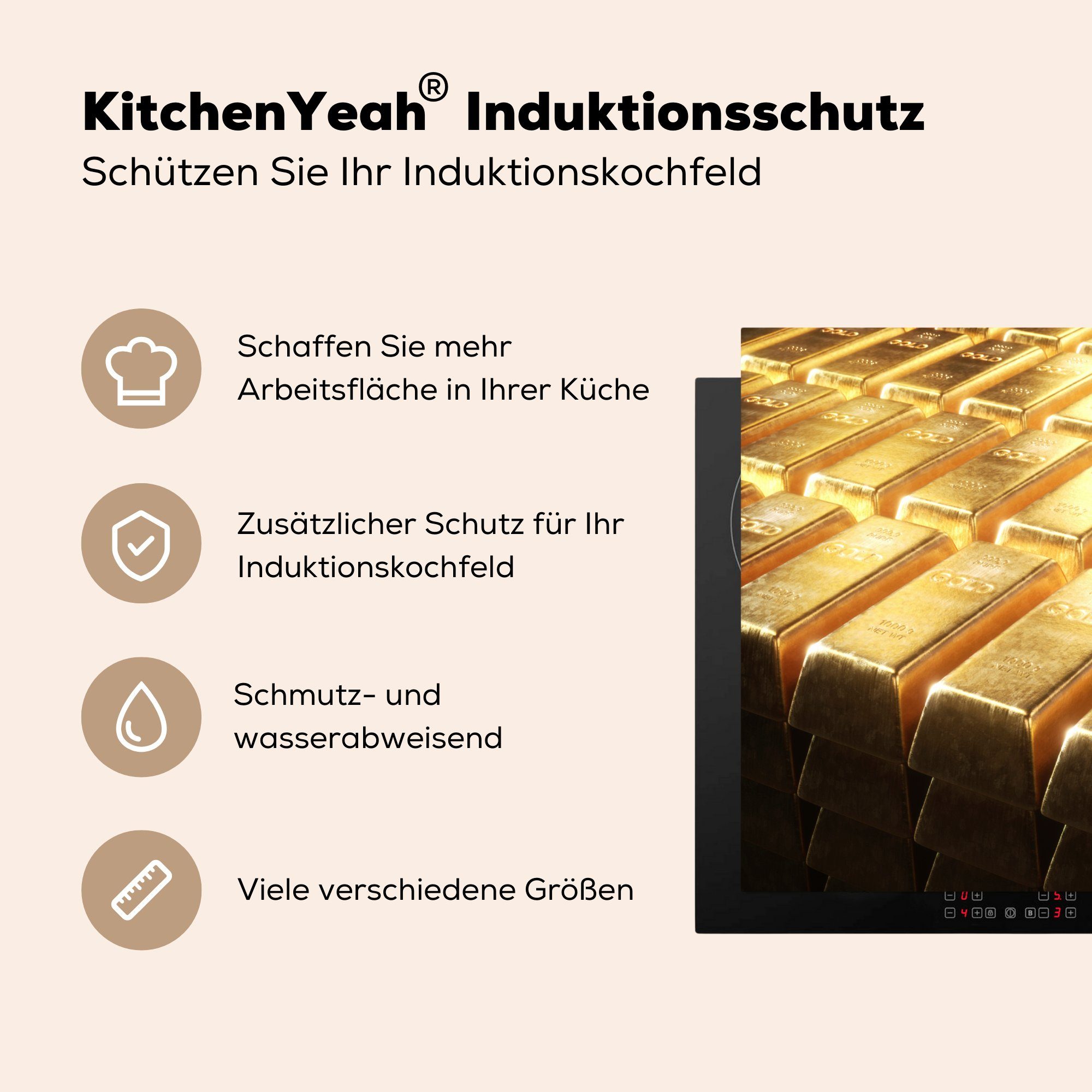 Induktionskochfeld MuchoWow Ceranfeldabdeckung 71x52 Goldbarren, Herdblende-/Abdeckplatte tlg), die (1 für Vinyl, cm, Schutz küche,