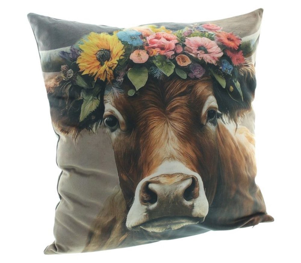 Home-trends24.de Kissenhülle Kuh mit Blumenkranz Samt Kissenhülle Kissenbezug Deko
