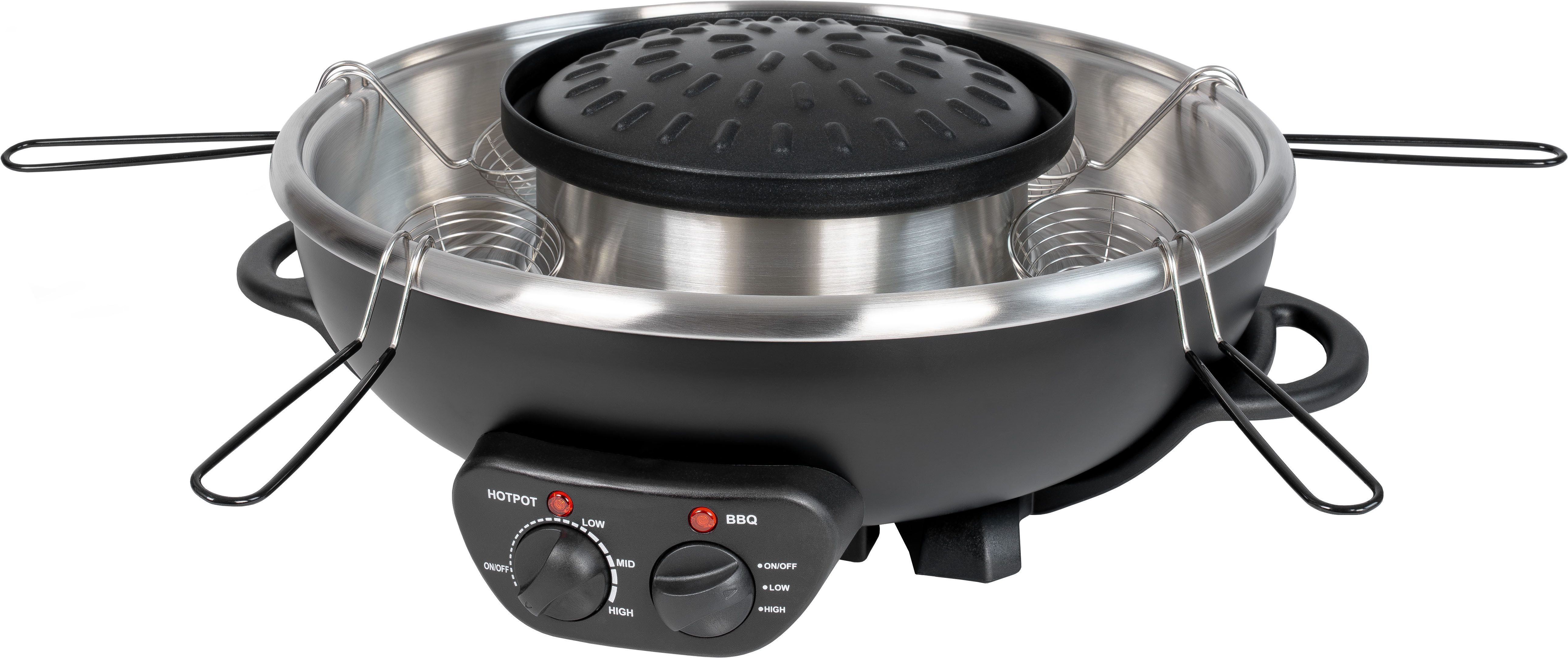 Unold Fondue Asia Hot Pot, Genoppte Antihaft-Grillplatte, inklusive 4 Fondue-Körbchen