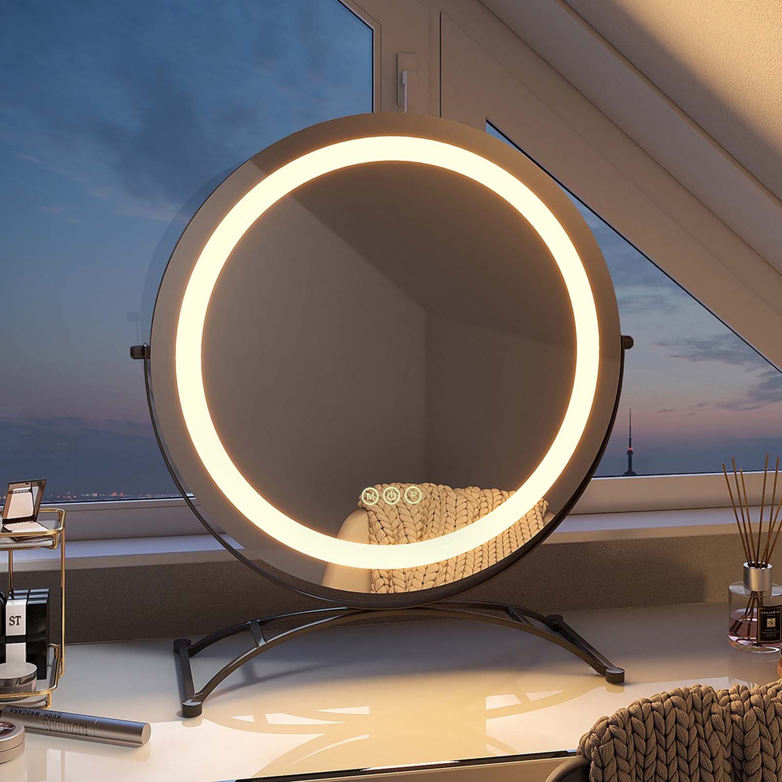 EMKE Schminkspiegel LED Runder Kosmetikspiegel Tischspiegel mit Beleuchtung, mit Touch, 3 Lichtfarben Dimmbar, Memory-Funktion, 360° Drehbar