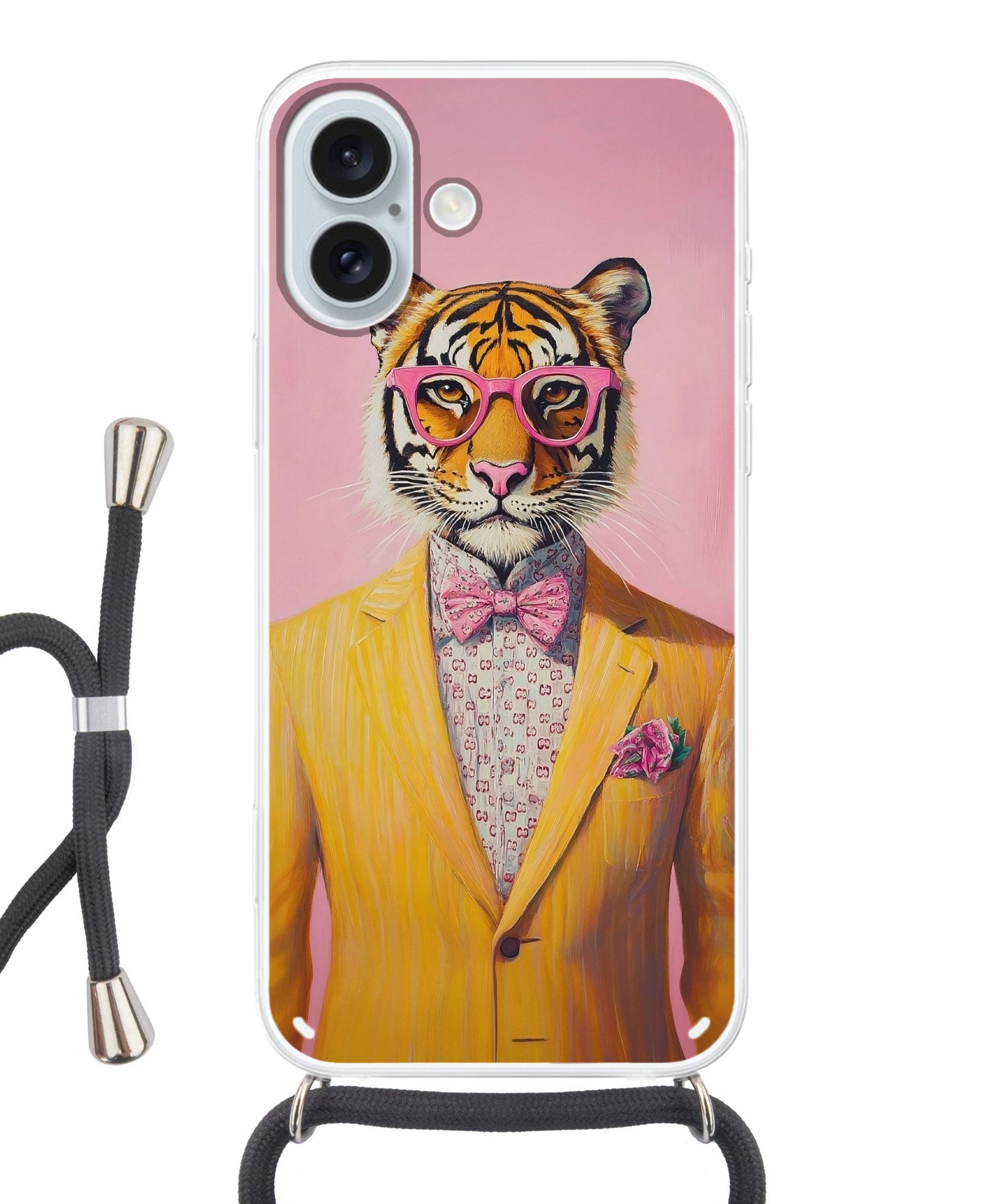 MuchoWow Handyhülle für Apple iPhone 16 Plus Tiger - Brille - Gelb - Jacke, Tragbare Handyhüllen mit Kette zum umhängen, Handykette Handyband