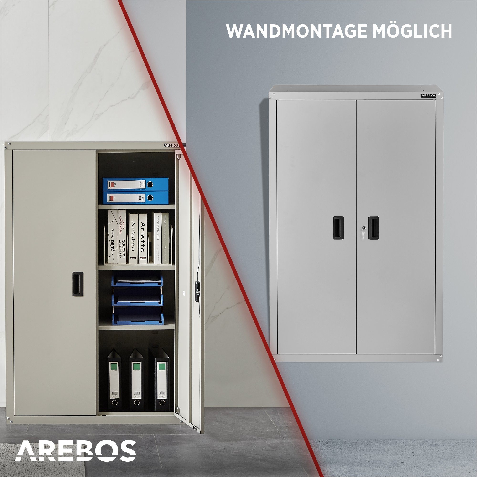 Arebos Aktenschrank Büroschrank Materialschrank Stahlschrank 140x90x40 cm (Stück, grau) Max. Belastbarkeit: 40 kg / je Fach – Bild 4 von 5