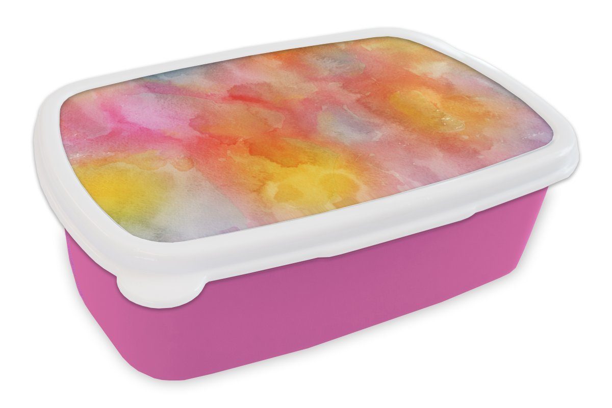MuchoWow Lunchbox Aquarell - Rosa - Gelb - Orange, Kunststoff, (2-tlg), Brotbox für Erwachsene, Brotdose Kinder, Snackbox, Mädchen, Kunststoff