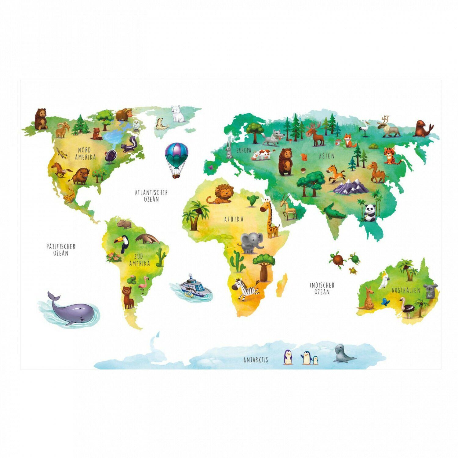 nikima Wandtattoo 202 Weltkarte mit Tieren (PVC-Folie), in 4 vers. Größen