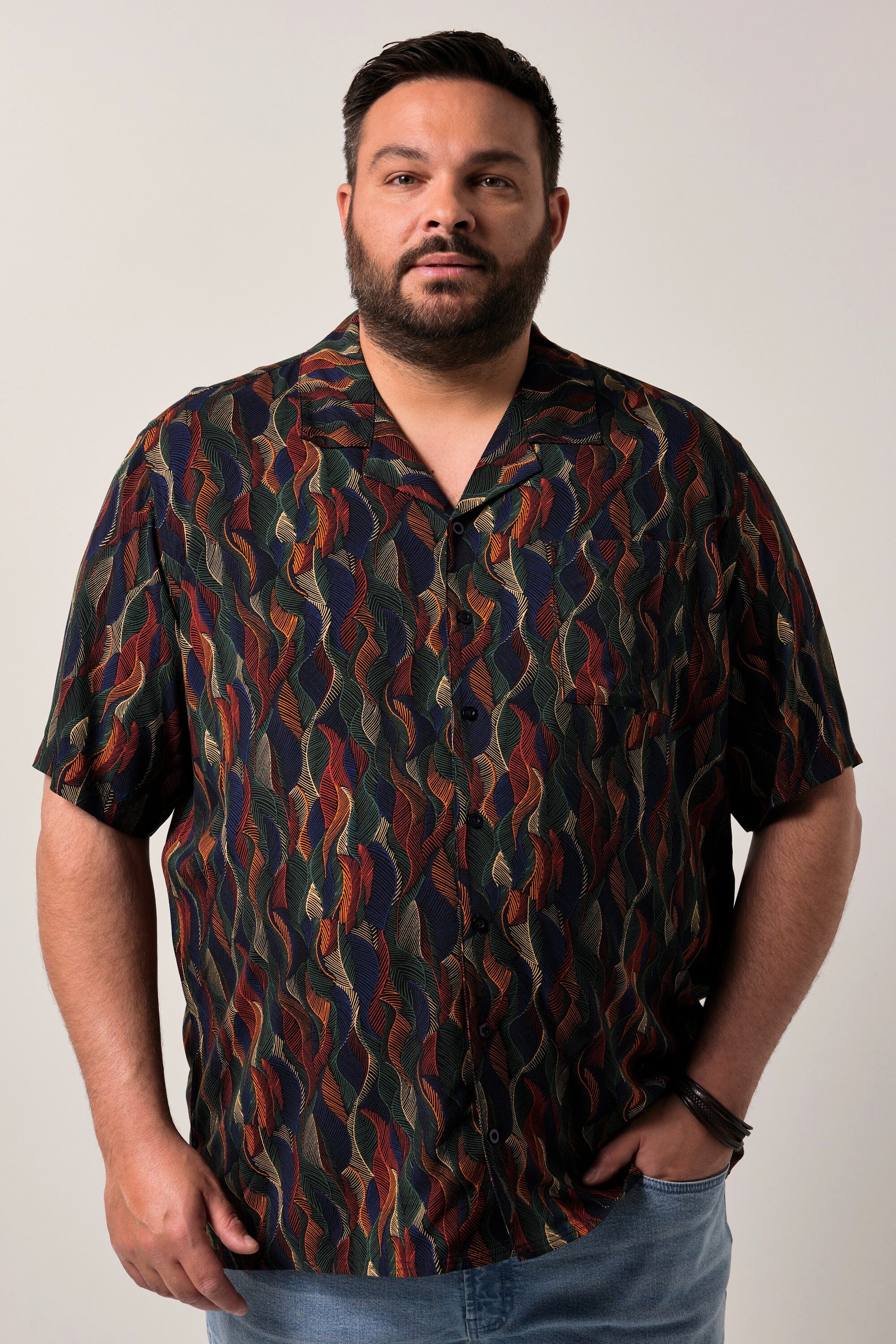 Men Plus Kurzarmhemd Men+ Viskose-Hemd Halbarm Alloverprint Cubakragen