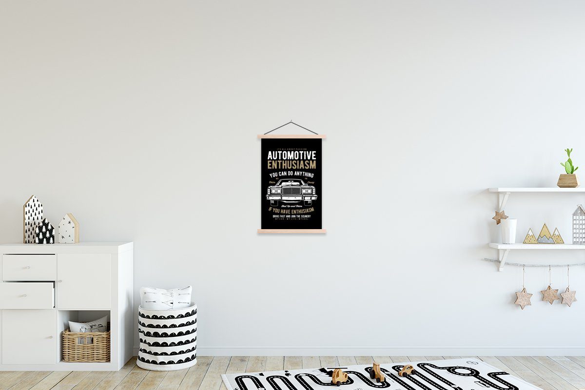 MuchoWow Poster Mancave - Auto - Vintage - Schwarz, (1 St), Posterleiste, Textilposter für Wohnzimmer, Bilderleiste, Magnetisch | Poster