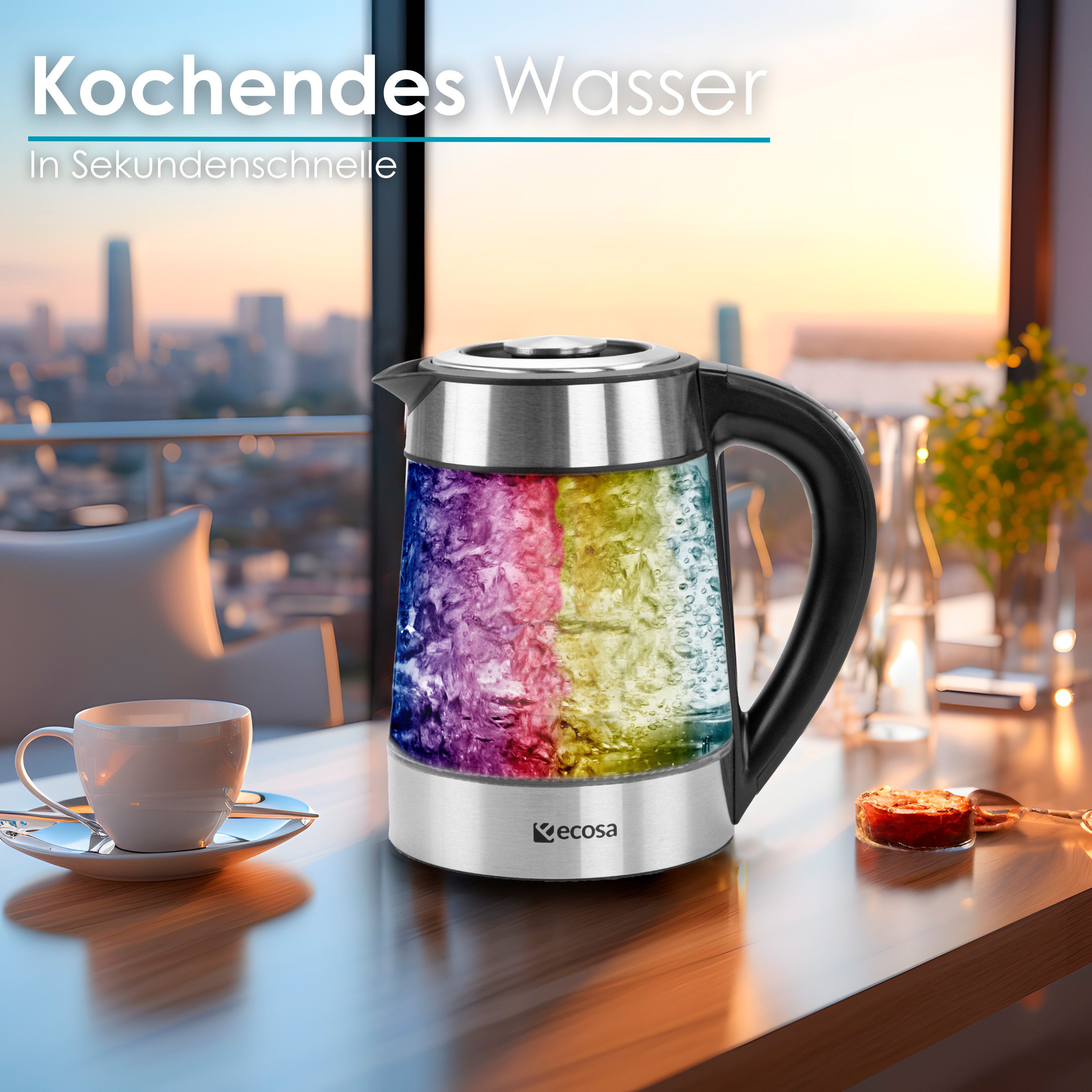 ecosa Wasserkocher EO-600, 1.7 l, 2200 W, Temperatureinstellung,LED-Beleuchtung,Edelstahl,BPA-frei,Farbwechsel