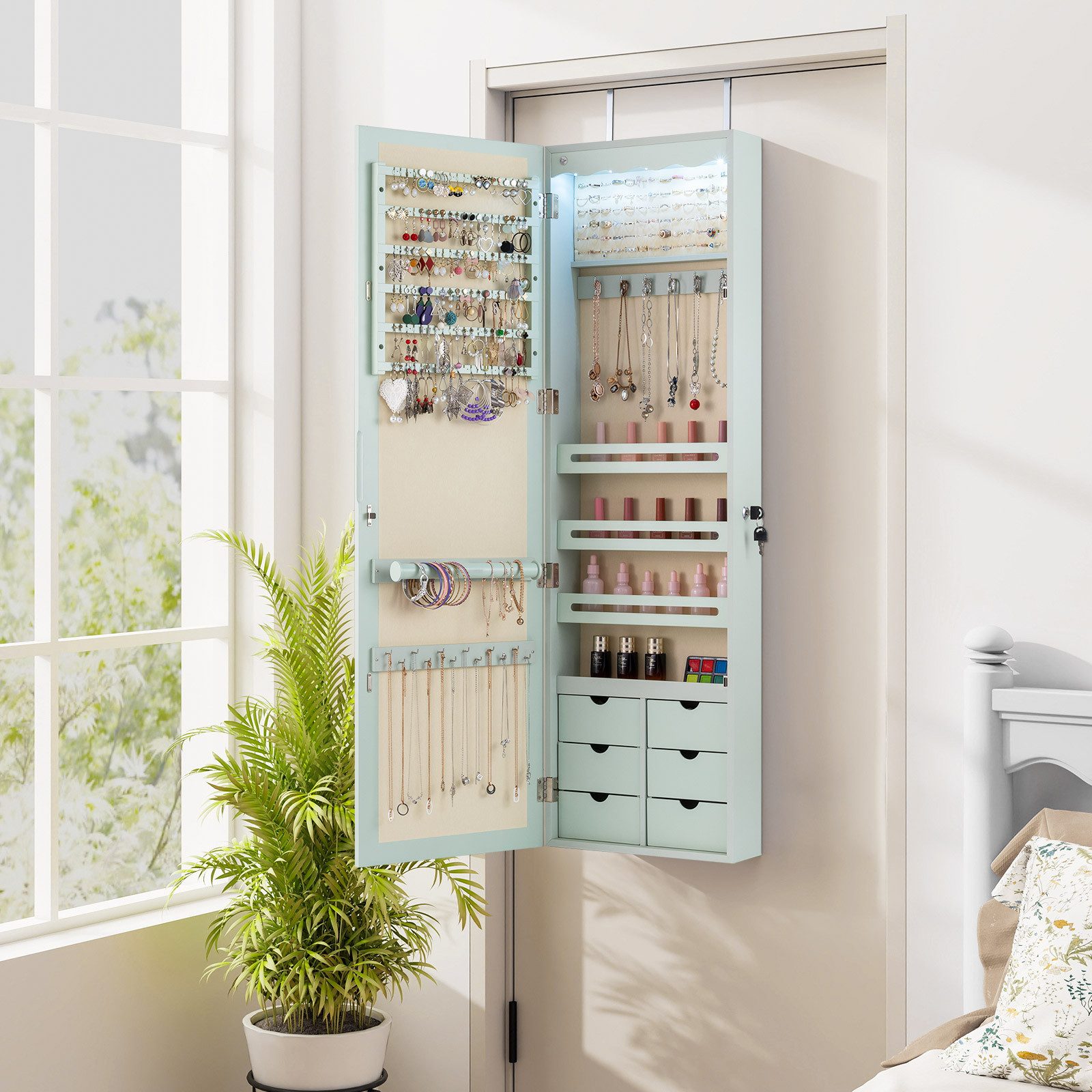 COSTWAY Schmuckschrank mit LED & Ganzkörperspiegel, für Tür und Wand mit LED & Ganzkörperspiegel, für Tür und Wand – Bild 2 von 5