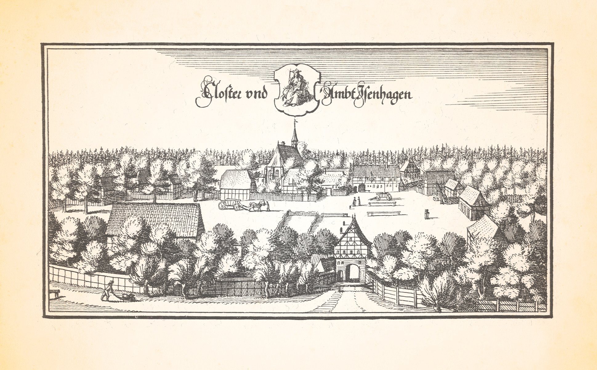 Kunstdruck Kloster und Amt Isenhagen Klosterkirche Klostergarten Kupferstich Meri