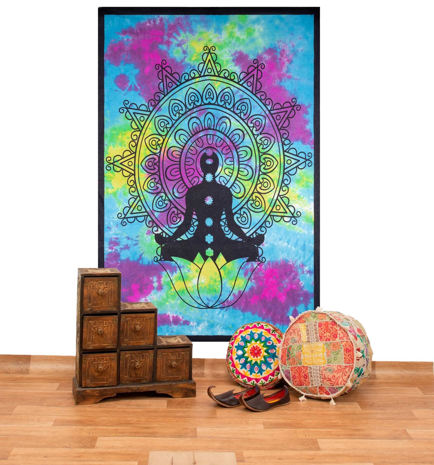 KUNST UND MAGIE Wandteppich Tagesdecke Wandbehang Bunt Tuch Buddha Chackra Meditation ca.200x135cm