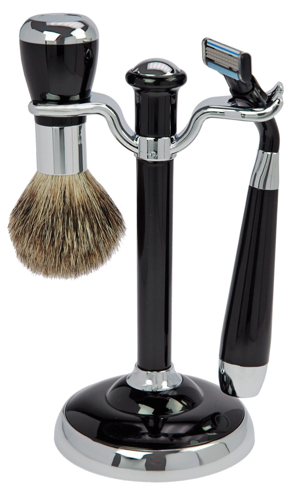 Rasierset-Ständer Rasier-Set schwarz/silber, Pinsel Rein Dachs, Rasierer Mach 3, 17cm