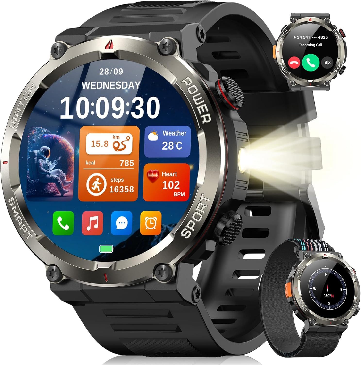 blackview 1,45'' Smartwatch Herren Militärqualität,960-mAh-Akku,100 Tage Standby Smartwatch (3,68 cm/1,45 Zoll, iOS/Android), IP68 Wasserdicht, Bluetooth-Anruf, Herzfrequenz,Uhr für Android/iOS