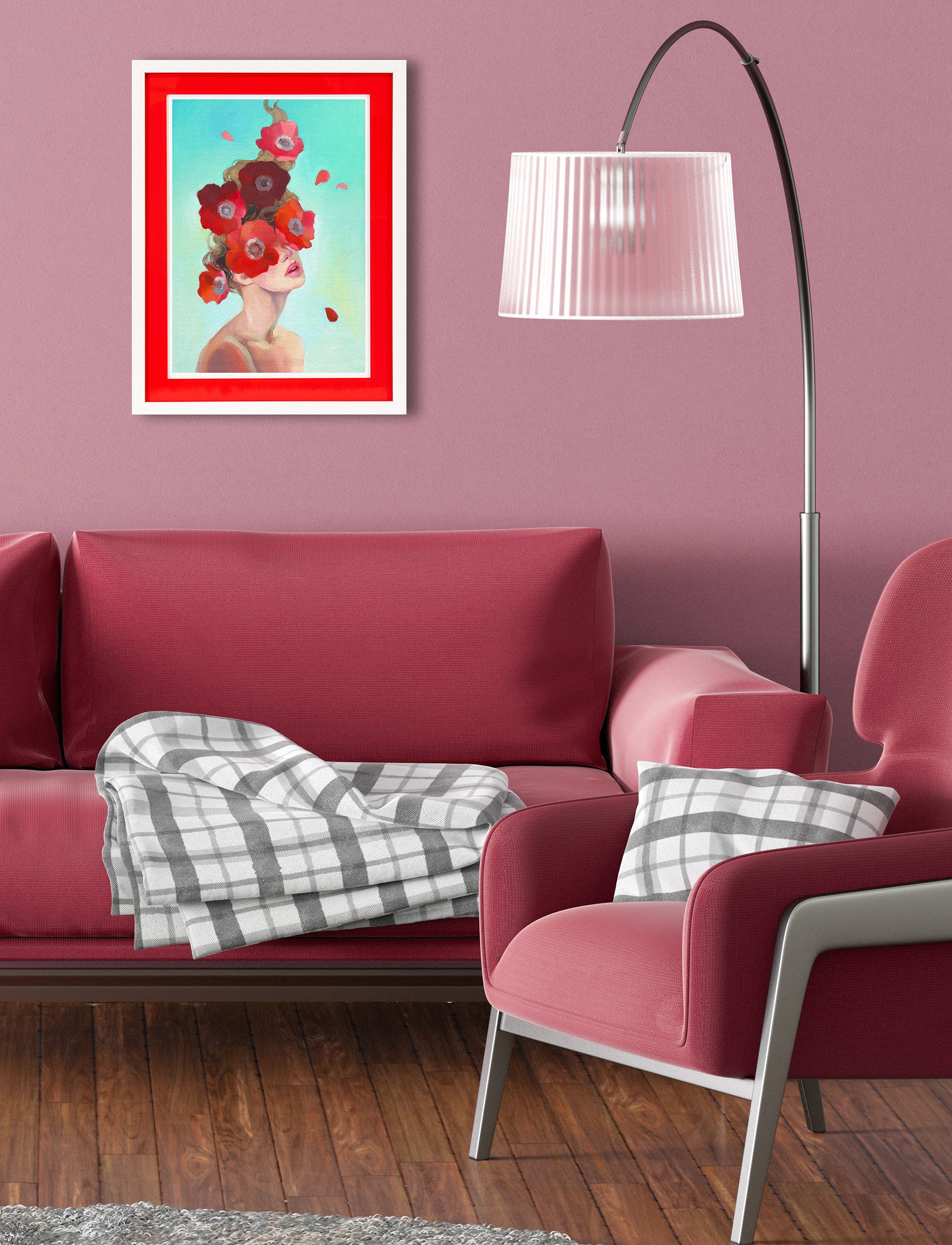 queence Bild mit Rahmen Frau mit Blumen, Bilder von Frauen, Blumen, Blumenbilder, Frau (1 St), Poster mit buntem Acrylglas Passepartout