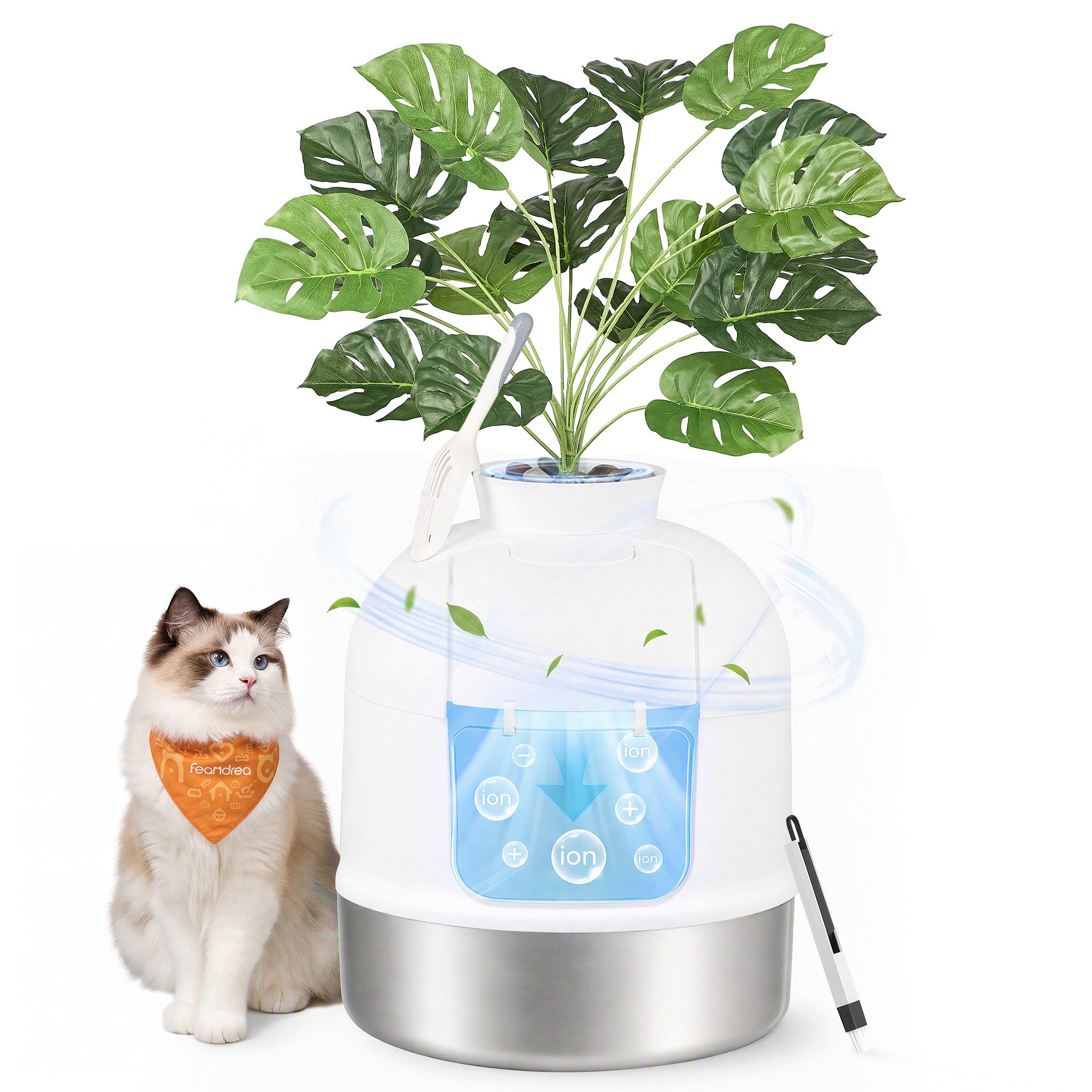 FEANDREA Katzentoilette Katzenklo XXL Geschlossen mit Pflanze, Edelstahl 49 x 49 x 59 cm für Große Katzen mit Schaufel