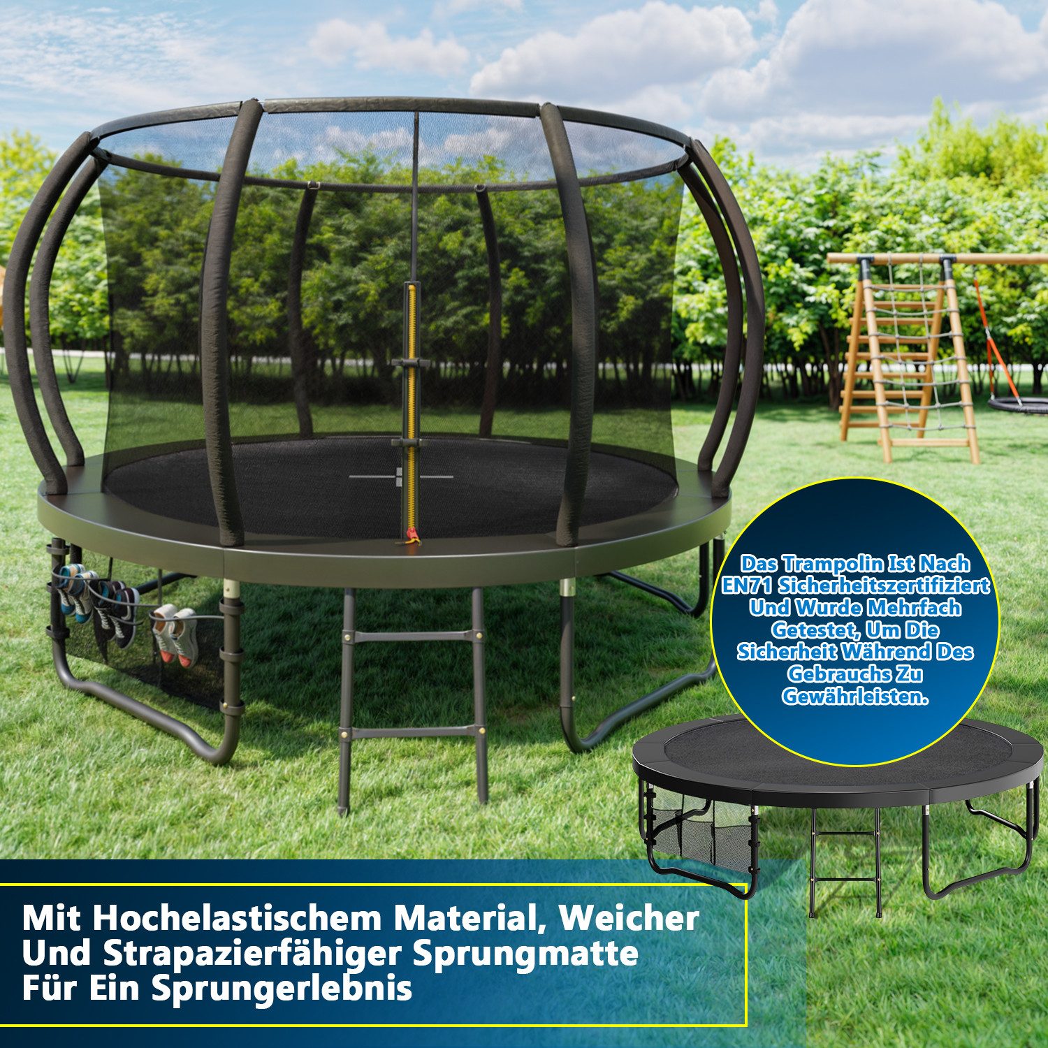 GUNJI Gartentrampolin Gartentrampolin für Kinder 228/305/366/427CM, Tragfähigkeit 150KG, Ø 228 cm, (GS-zertifiziertes Kindertrampolin mit Sicherheitsnetz, Leiter, Schutzmatte, Kürbisdesign)