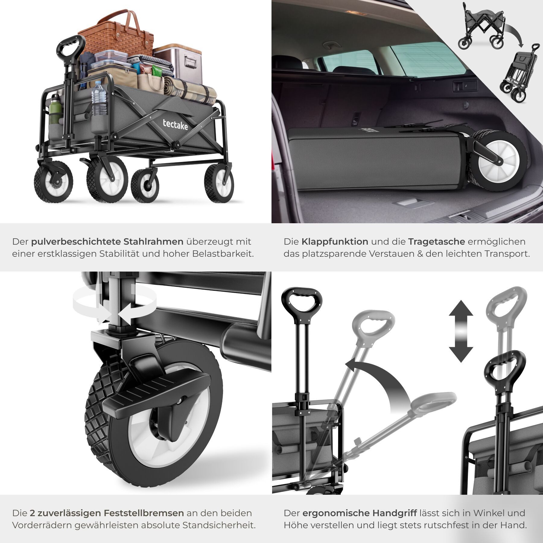 tectake Bollerwagen Faltbarer Handwagen Leon mit Bremsen, Belastbarkeit 80kg (1 Transportwagen, 1-tlg., 97L Volumen in Grau), faltbar – Bild 5 von 5