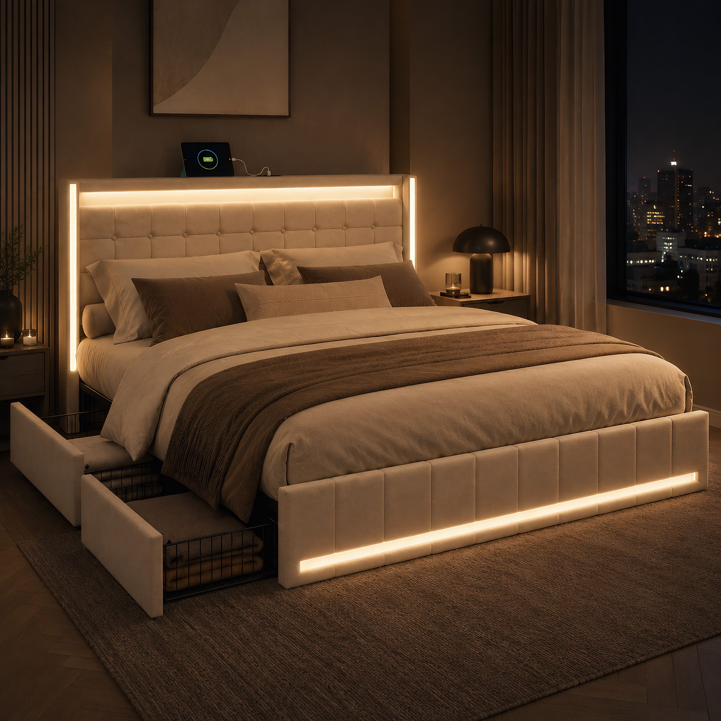 Simurq Polsterbett 140x200 cm Stauraumbett mit 4 Schubladen, LED und USB Port (Packung, 1-tlg., Leinenmaterial Doppelbett Mit Kopfteil und Lattenrost), Schubladenbett für Jungen und Mädchen