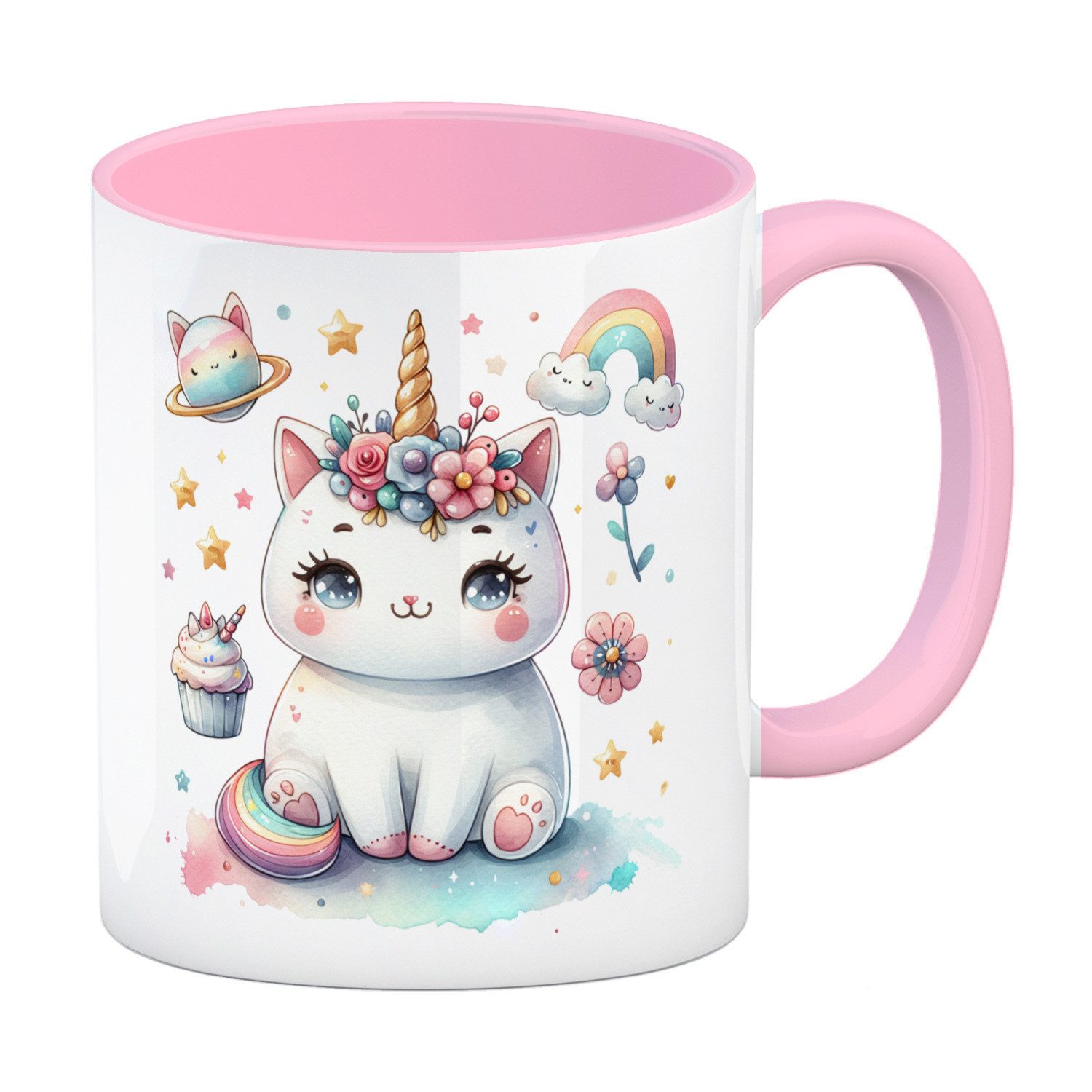 speecheese Tasse Einhorn-Katze Aquarell Kaffeebecher in rosa