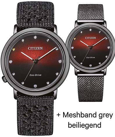 Citizen Solaruhr EM1007-47E, (Set, 2-tlg., mit Wechselband),  Edelstahlgehäuse, dunkelgrau IP-beschichtet, Ø ca. 34 mm