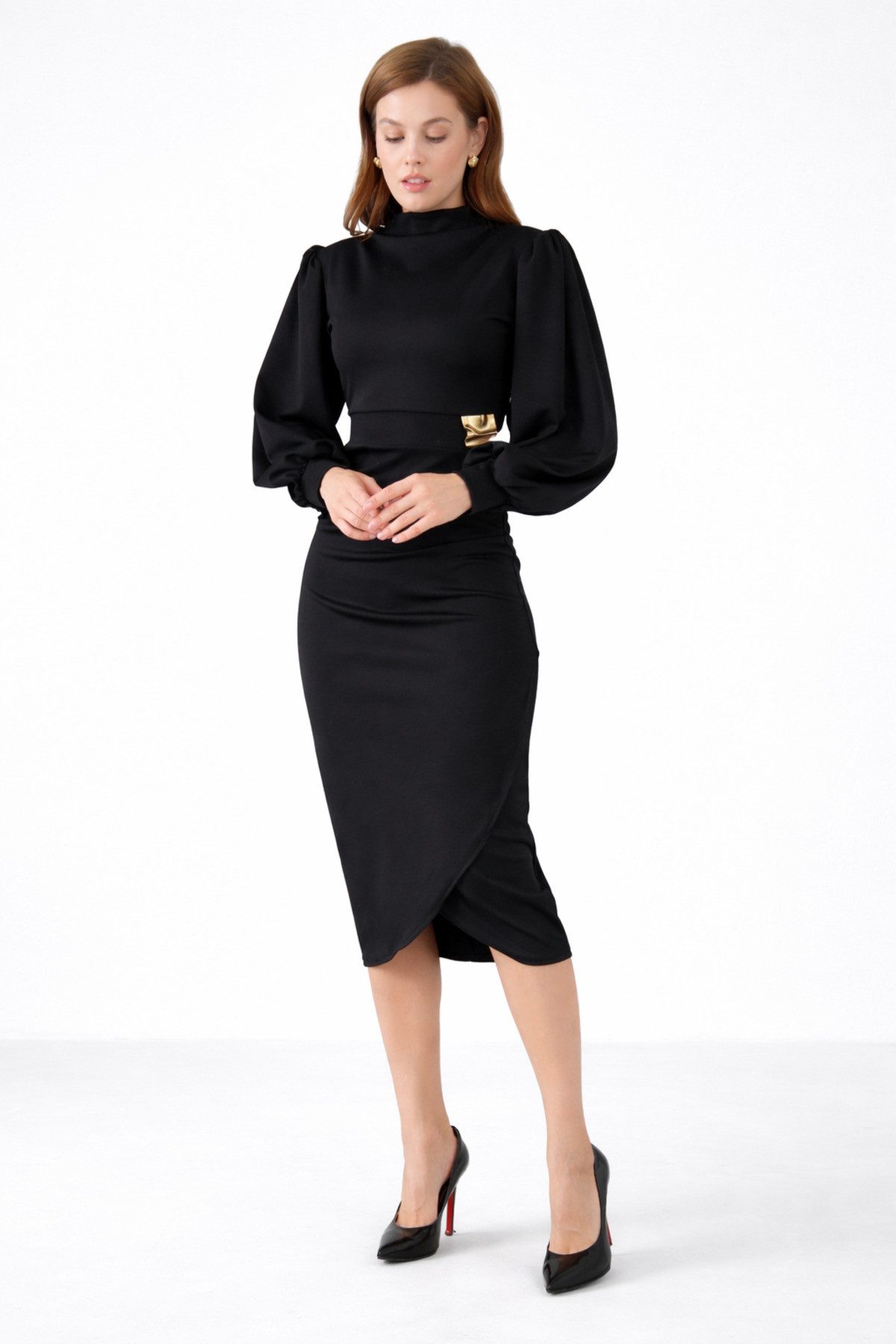 WOMAN VISION Midikleid Schwarzes Midikleid mit langen Ärmeln, Stehkragen und raffinierten Det – Bild 4 von 5