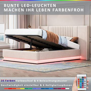 Flieks Polsterbett, LED hydraulisches Doppelbett 140x200cm mit verlängertem Kopfteil Samt