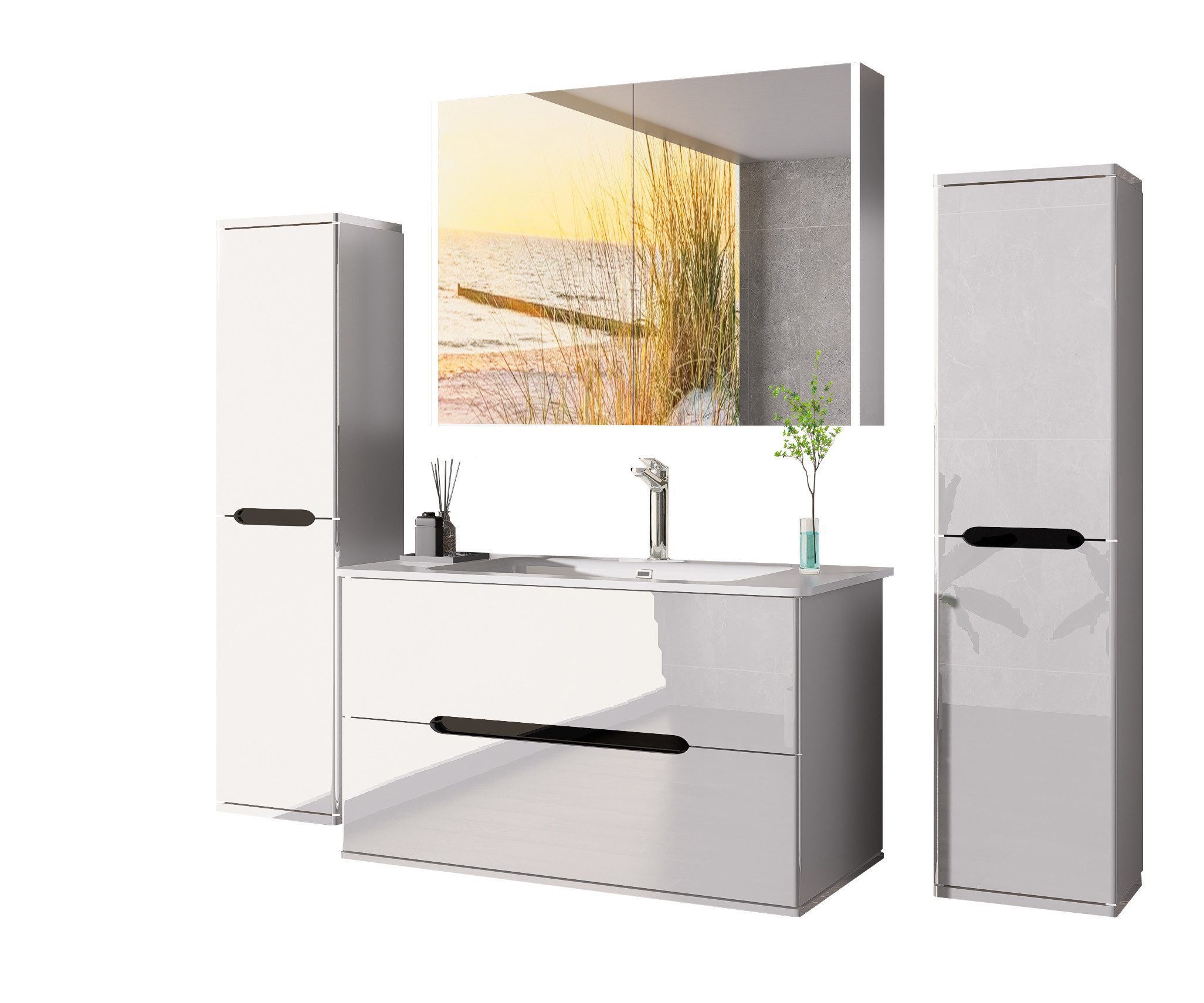 Homeline Badmöbel-Set Sky Badmoebel Set Schwarz Weiß Eiche Hochschglanz Spiegelschrank, (Spar Set, 5-St., Bad Möbel set besteht aus 5 Teilen), Spiegelschrank, Hochglanz