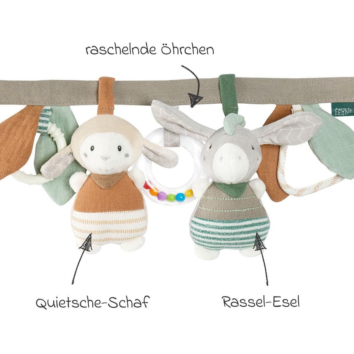 Fehn Kinderwagenkette Esel & Schaf (1-tlg), zum Aufhängen mit Tier-Anhängern, Rassel und Quietsche
