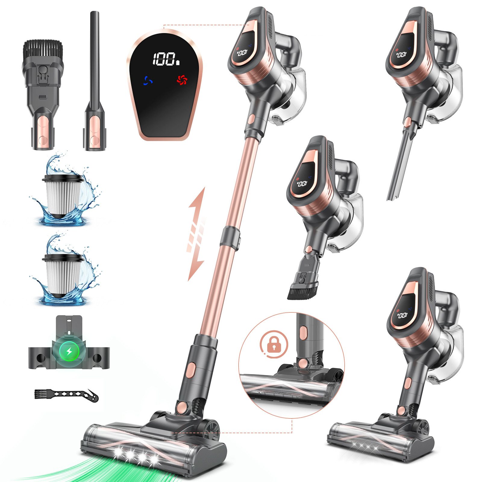 Grenintol Akku-Hand-und Stielstaubsauger 48000Pa Akku Staubsauger,Akku Handstaubsauger,Akkusauger Kabelloser, 300 W, beutellos, 6×2600mAh Hochleistungsakku • Leiser Betrieb