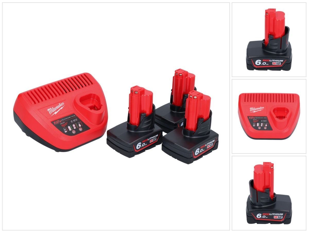 Milwaukee M12 NRG-603 Starter Set 3x 12 V 6,0 Ah Li-Ion Akku + C12 C Ladegerät Akkupacks