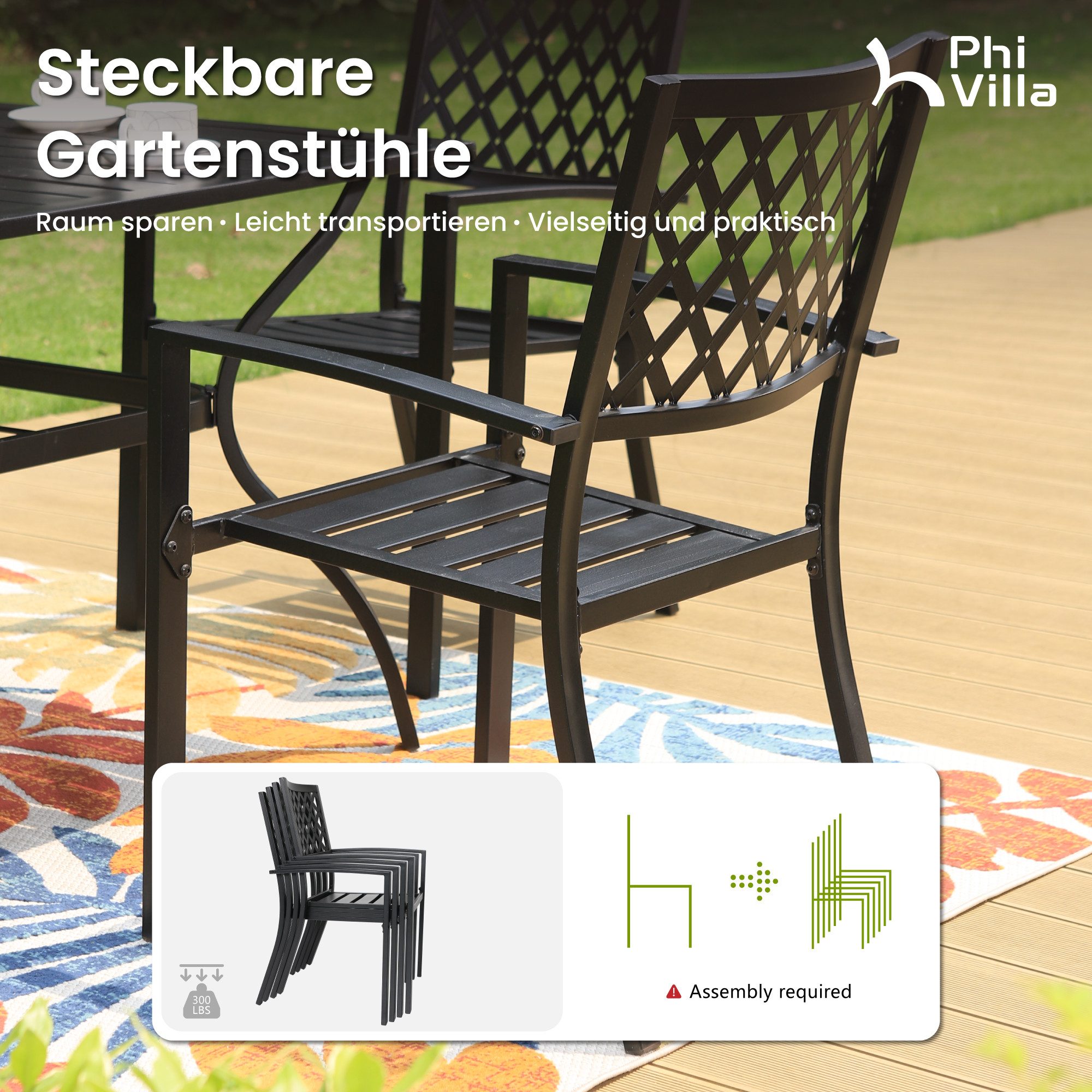 PHI VILLA Garten-Essgruppe, (Sparen für Terrasse Balkon, 4cm Schirmloch), 6 Stühle mit Tisch Rechteckig Garten Esstisch