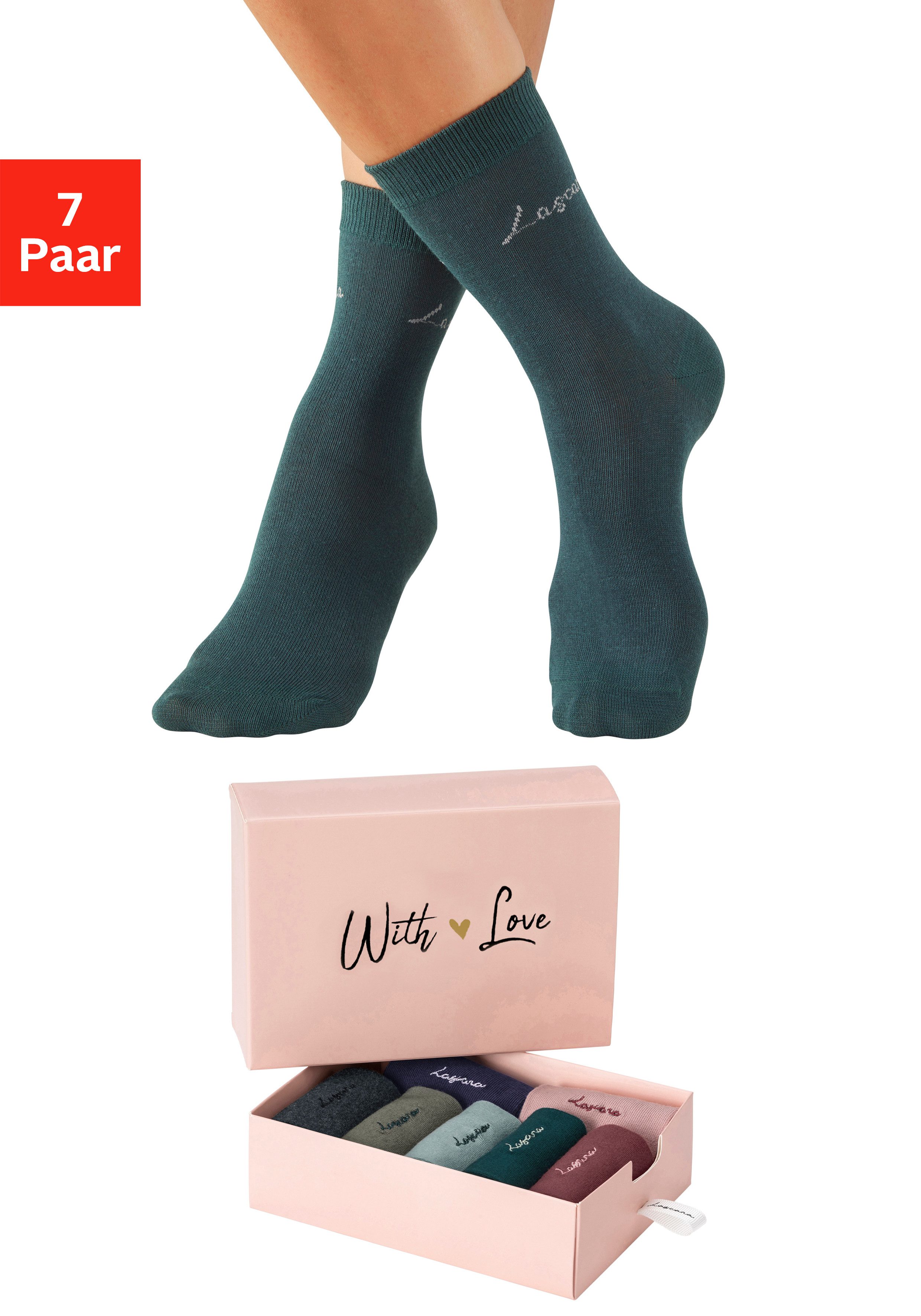 LASCANA Basicsocken für Damen mit eingestricktem Markenlogo (Box, 7-Paar) in ansprechender Geschenkbox