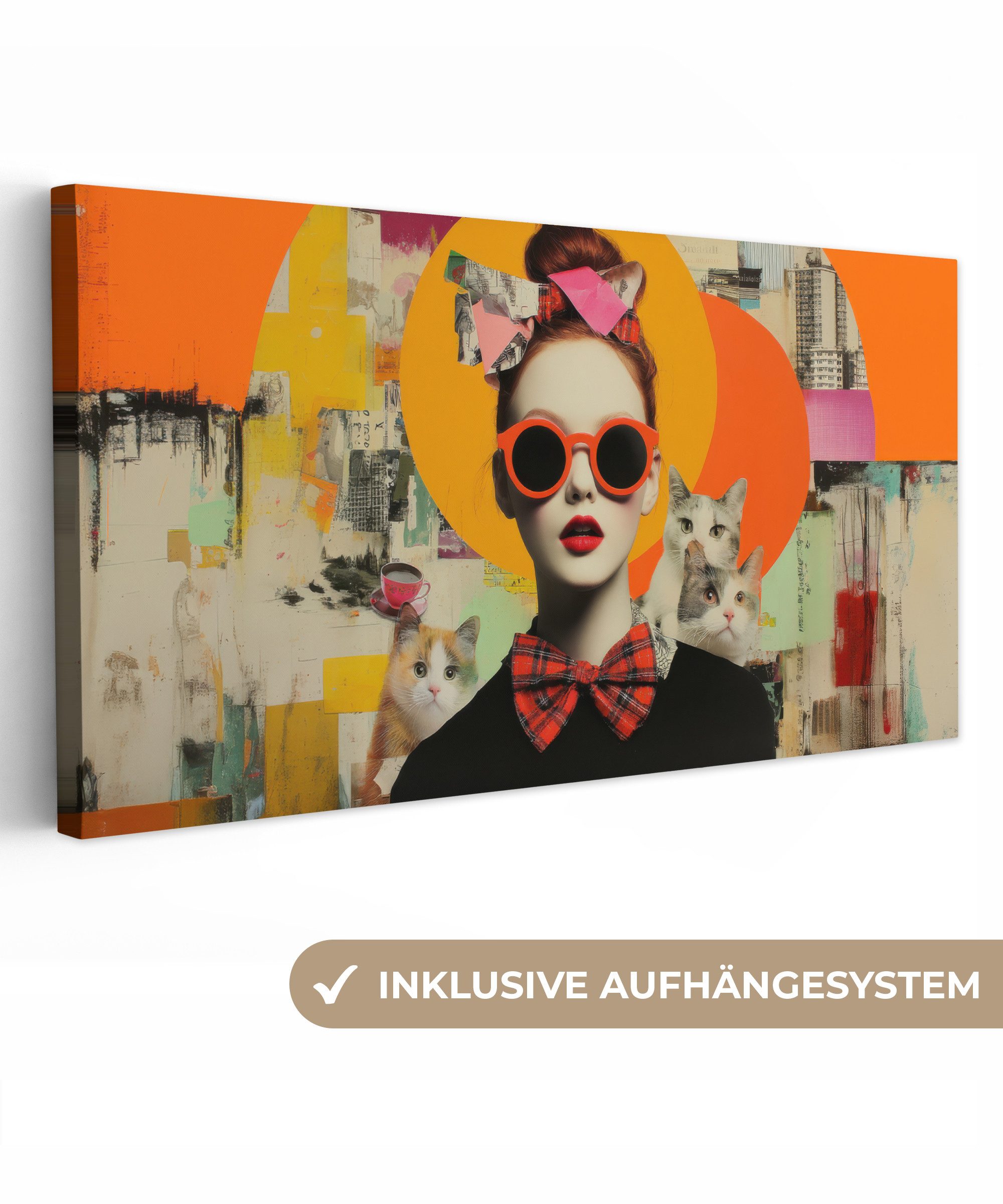 OneMillionCanvasses® Leinwandbild Panorama Frau - Brille - Fliege - Retro, Fotodruck (1 St), Wandbild, Deko Schlafzimmer Wohnzimmer Flur 40x20 cm