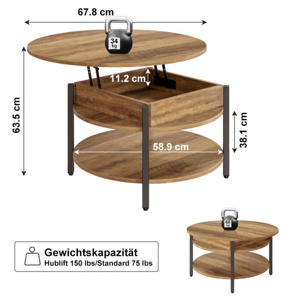 FABATO Couchtisch Höhenverstellbarer Runder Kaffeetisch mit verstecktem Ablagefach, 2-facher kleiner runder Beistelltisch, Sofatisch