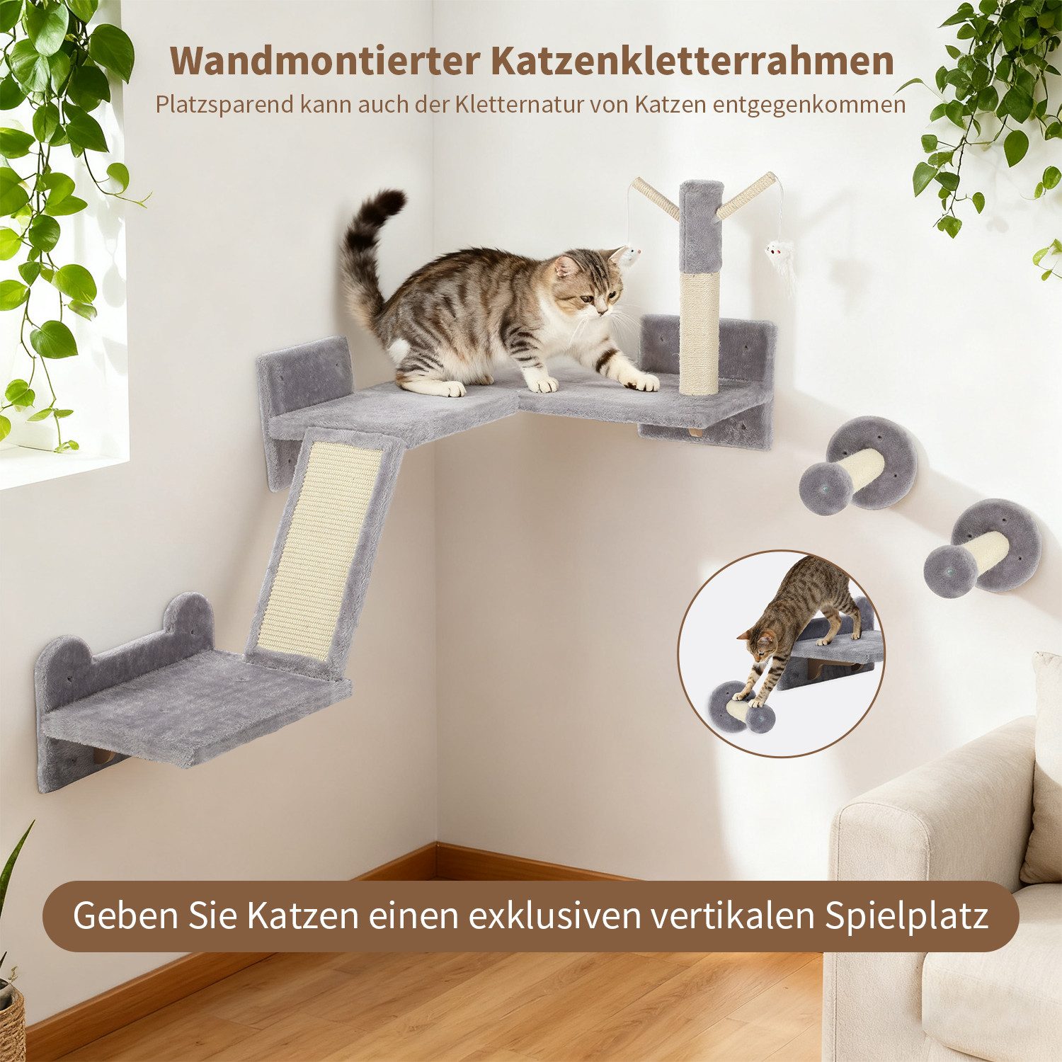 oyajia Katzen-Kletterwand 3-teilig Katzenmöbel mit Kratzbrett, Sprungplatten, Kratzstamm, für Katzen bis 5 kg, Sisal, Grau