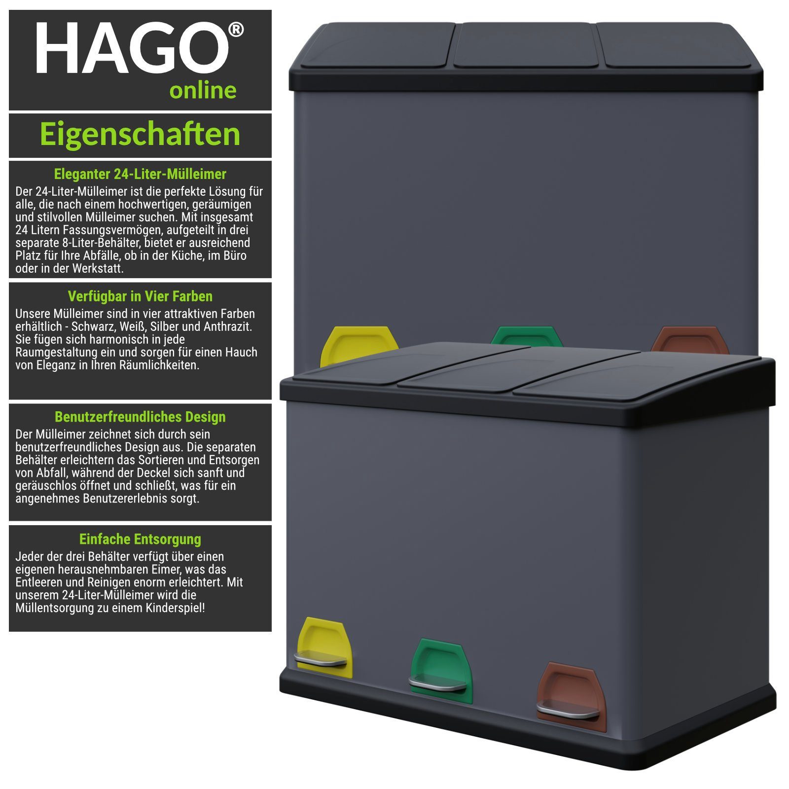 HAGO Mülltrennsystem Premium Mülleimer Trennsystem Abfallbehälter Abfalleimer Mülltrenner anthrazit