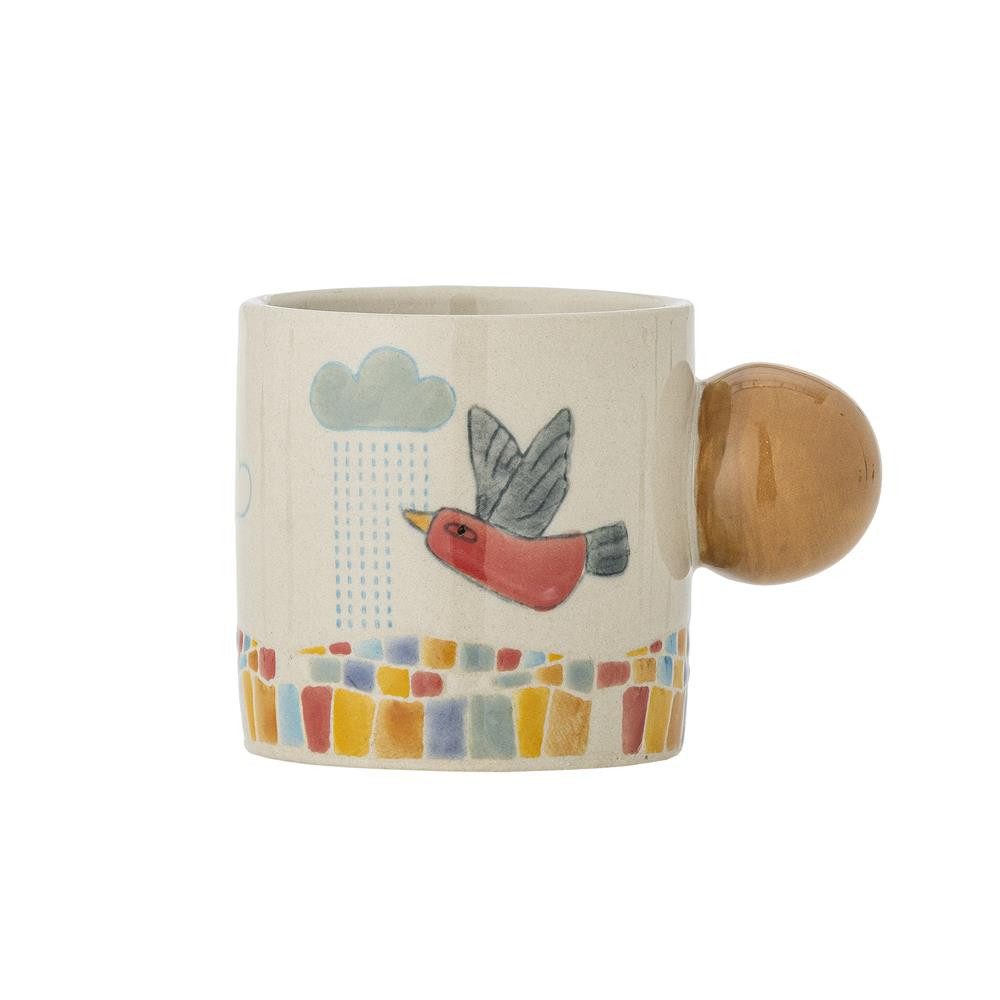 Bloomingville Tasse MINI Colorine Naturfarben mit Vogel, Steingut, Steingut, Handbemalt, Verspielt, Naturdesign Unikat Kindertasse dänisches Design