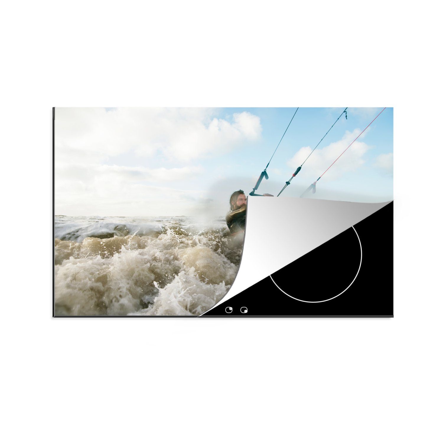 MuchoWow Herdblende-/Abdeckplatte Kite-Surfer auf wildem Wasser, Vinyl, (1 tlg), 81x52 cm, Induktionskochfeld Schutz für die küche, Ceranfeldabdeckung