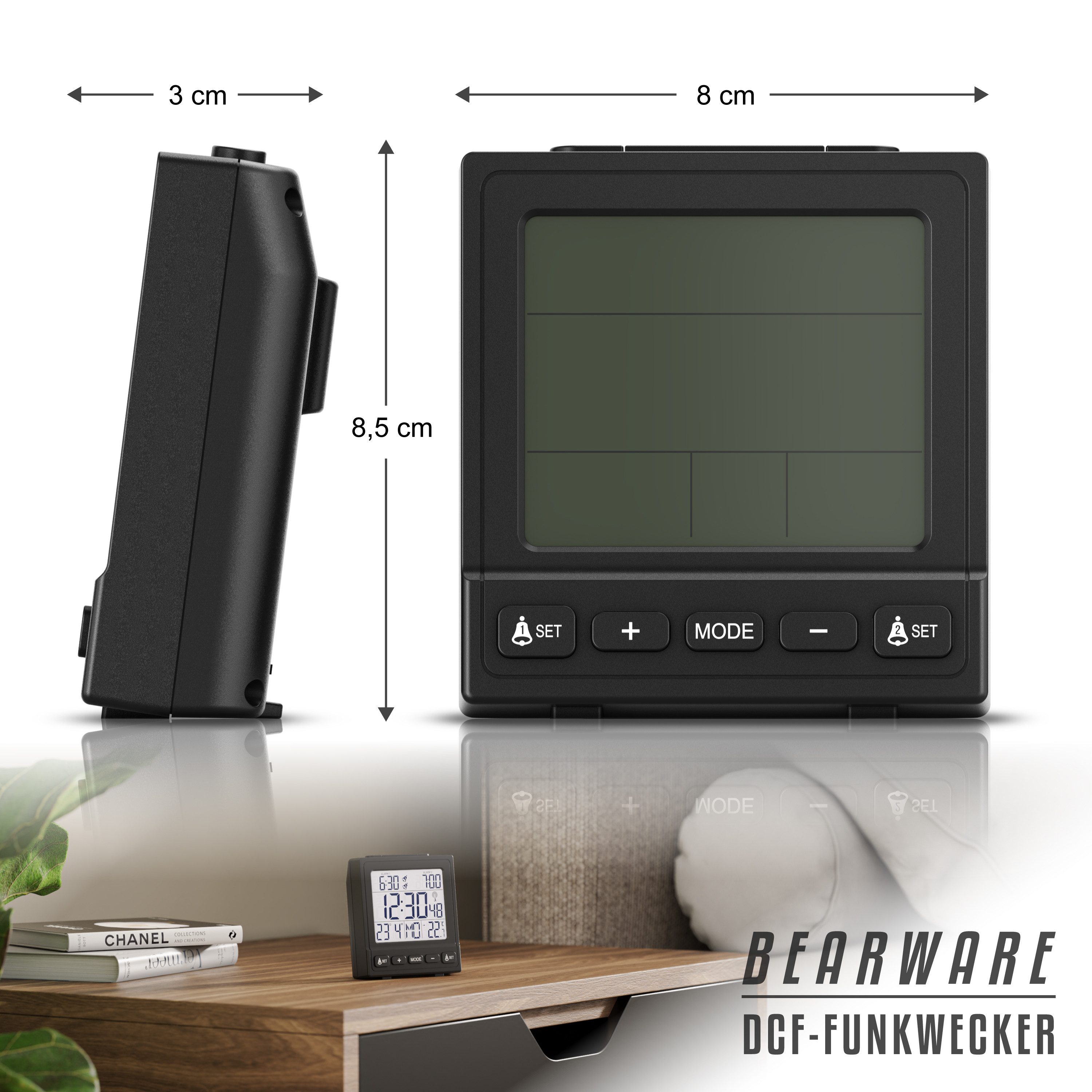 BEARWARE Wecker Reisewecker Digital, LCD-Display, Batteriebetrieb & DCF Uhr 2 Alarme, Snooze, Temperaturanzeige, Datum & LED-Beleuchtung