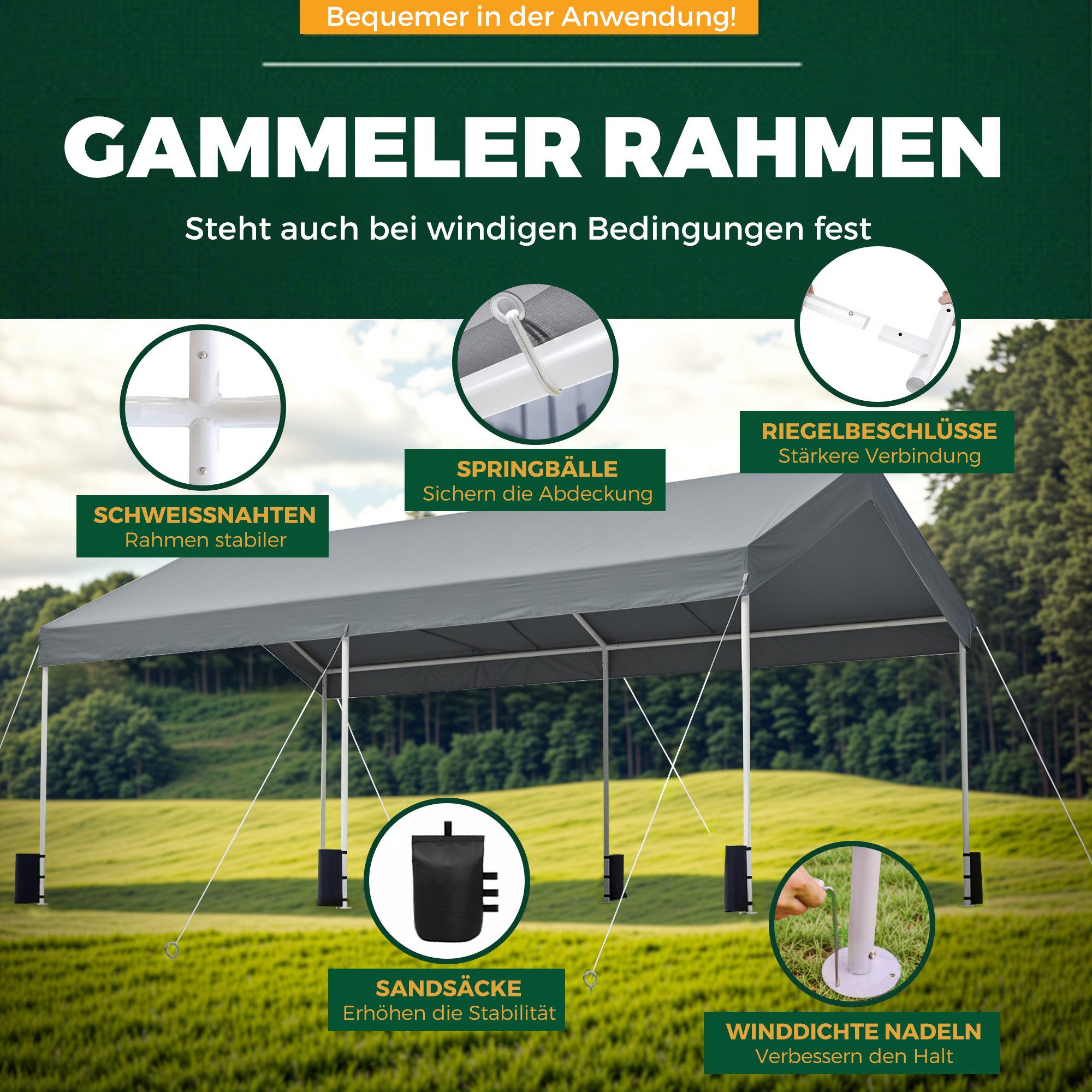 Hausright Einzelcarport 3x6M Carport Zeltgarage Carport mit Dach UV-beständig Wasserdicht, 270 cm Einfahrtshöhe, UV-beständig, wasserdicht, für Auto, LKW, SUV, Boot, Grün