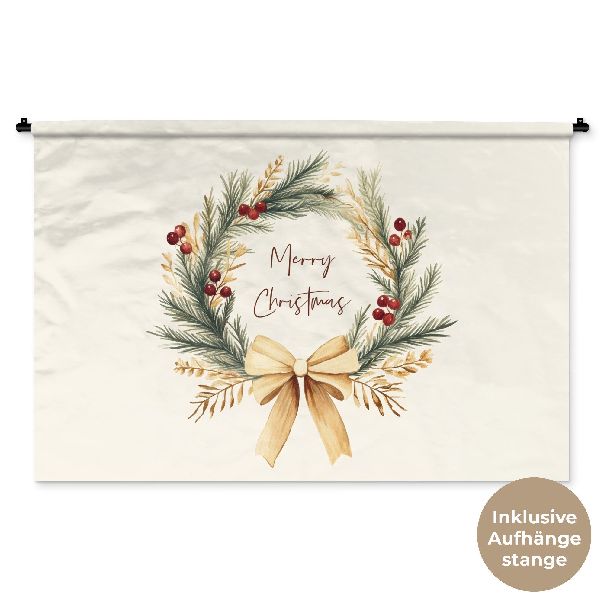 MuchoWow Wandteppich Weihnachtskranz - Weihnachten - Gold - Beige, Rechteckig, Höhe: 3 mm, Wandtuch, Wanddekoobjekt, 120x80 cm